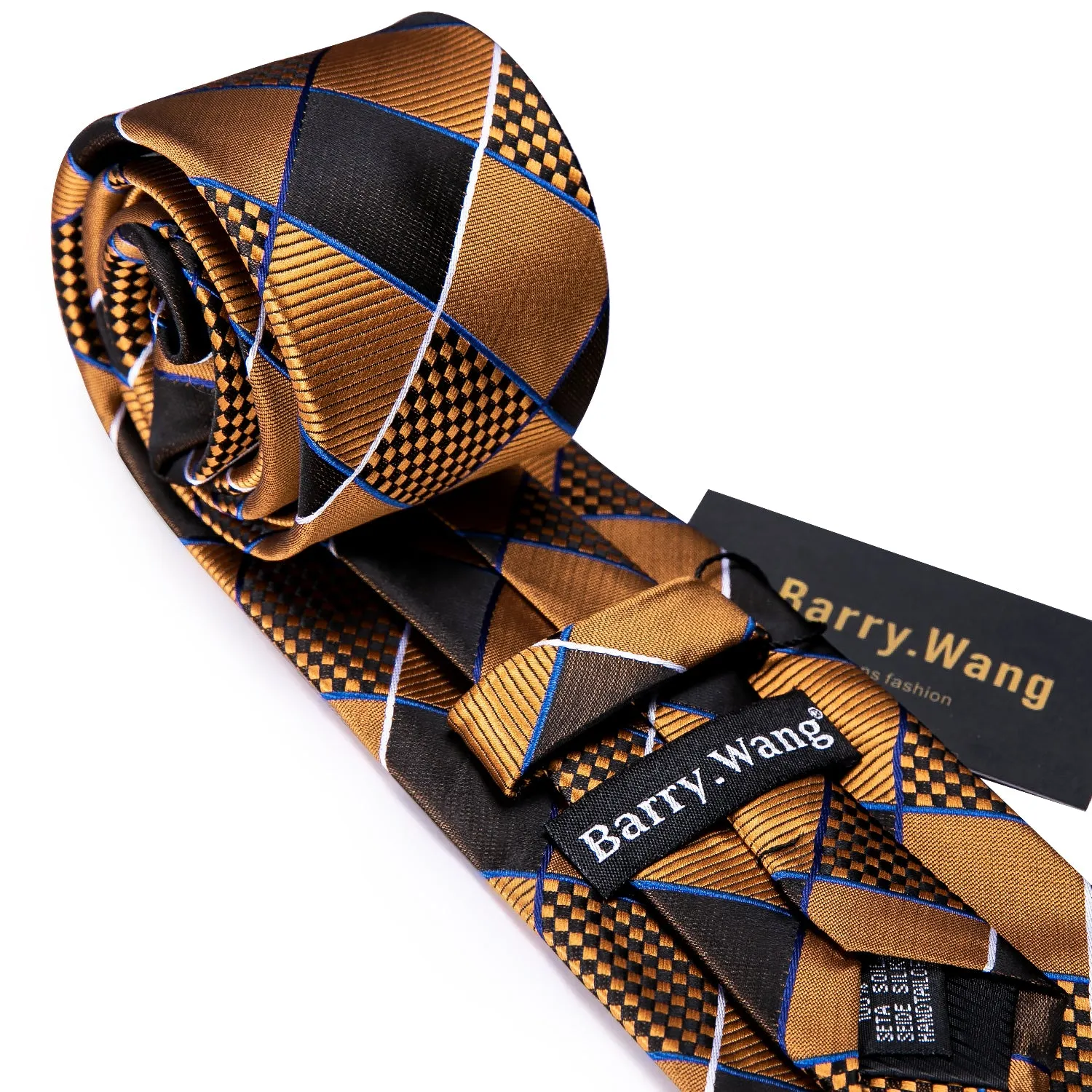 Barry. Wang 4PCS Gold Brown Geometry Plaid Silk Tie Hanky Cufflinks Tie Clip Set sold by Barrywang product image thumbnail 5