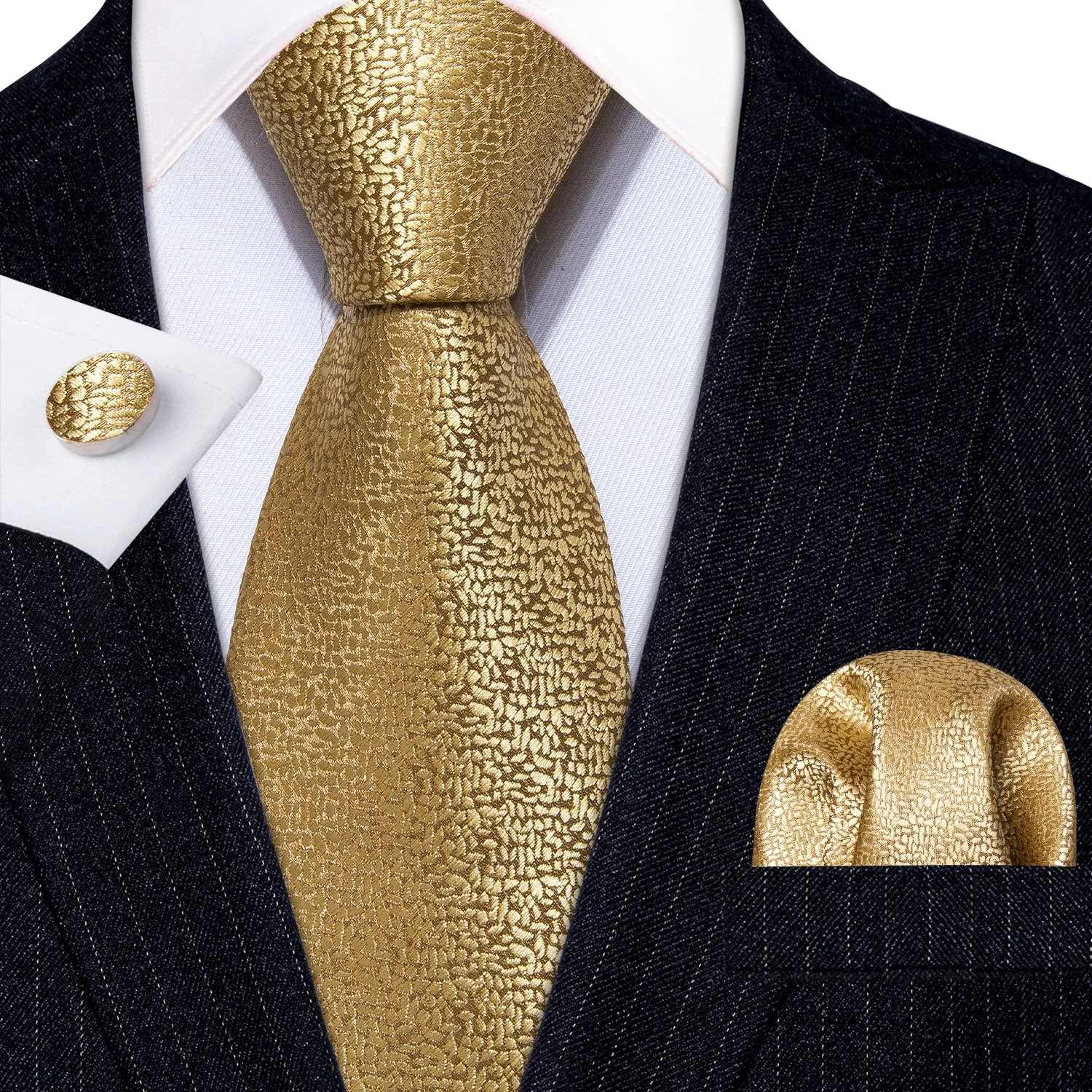 4PCS Gold Solid Silk Necktie Pocket Square Cufflinks Set sold by Barrywang