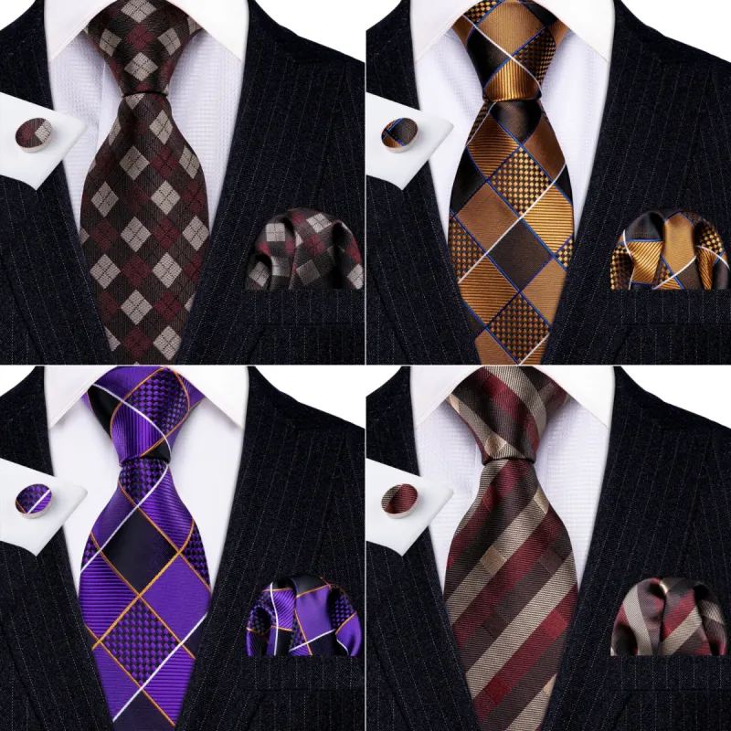 Barry. Wang 4pcs Men Plaid Silk Tie Pocket Square Cufflink Set sold by Barrywang