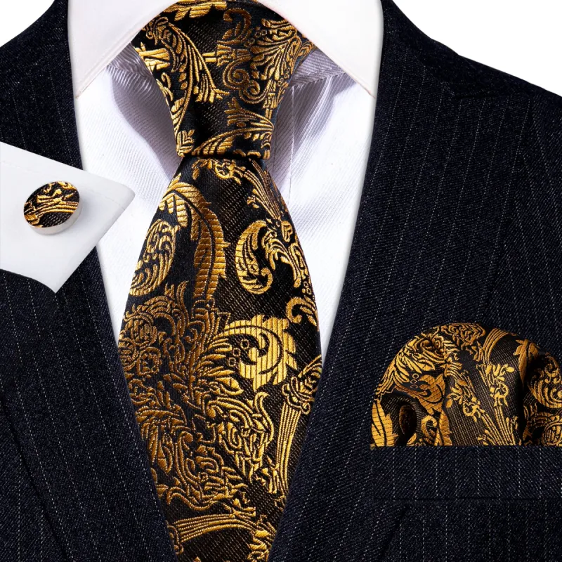 Gold Black Paisley Silk Tie Handkerchief Cufflinks Set sold by Barrywang