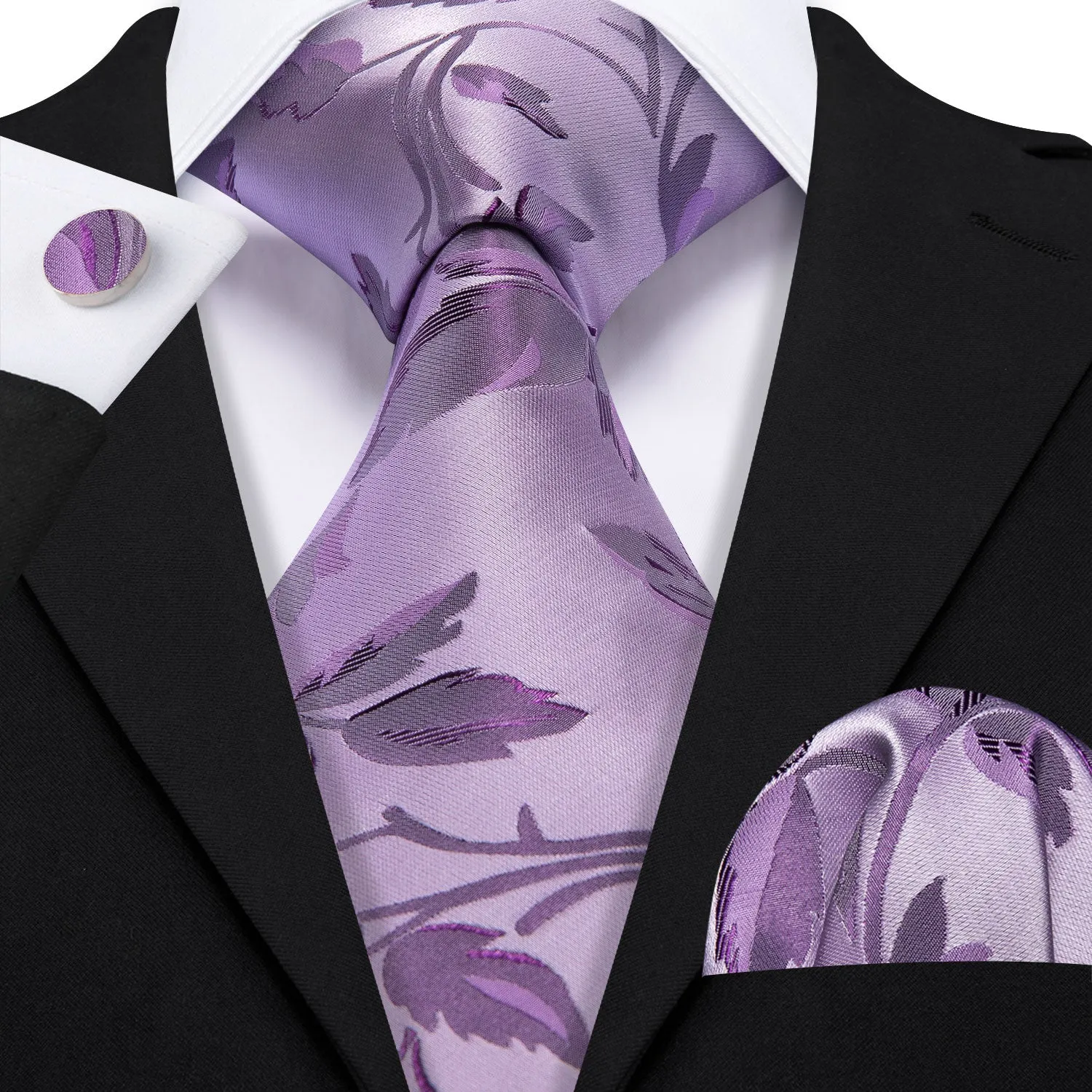 Barry. Wang Pale Lavender Leaf Floral Silk Tie Handkerchief Cufflinks Set sold by Barrywang product image thumbnail 2