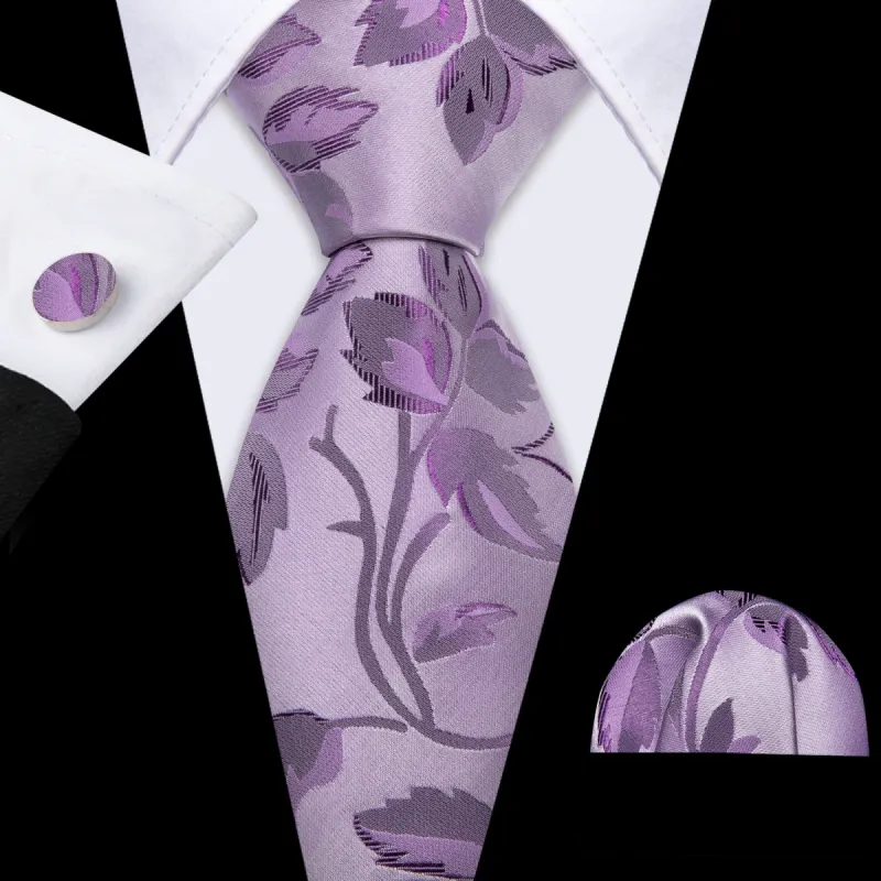 Pale Lavender Leaf Floral Silk Tie Handkerchief Cufflinks Set sold by Barrywang