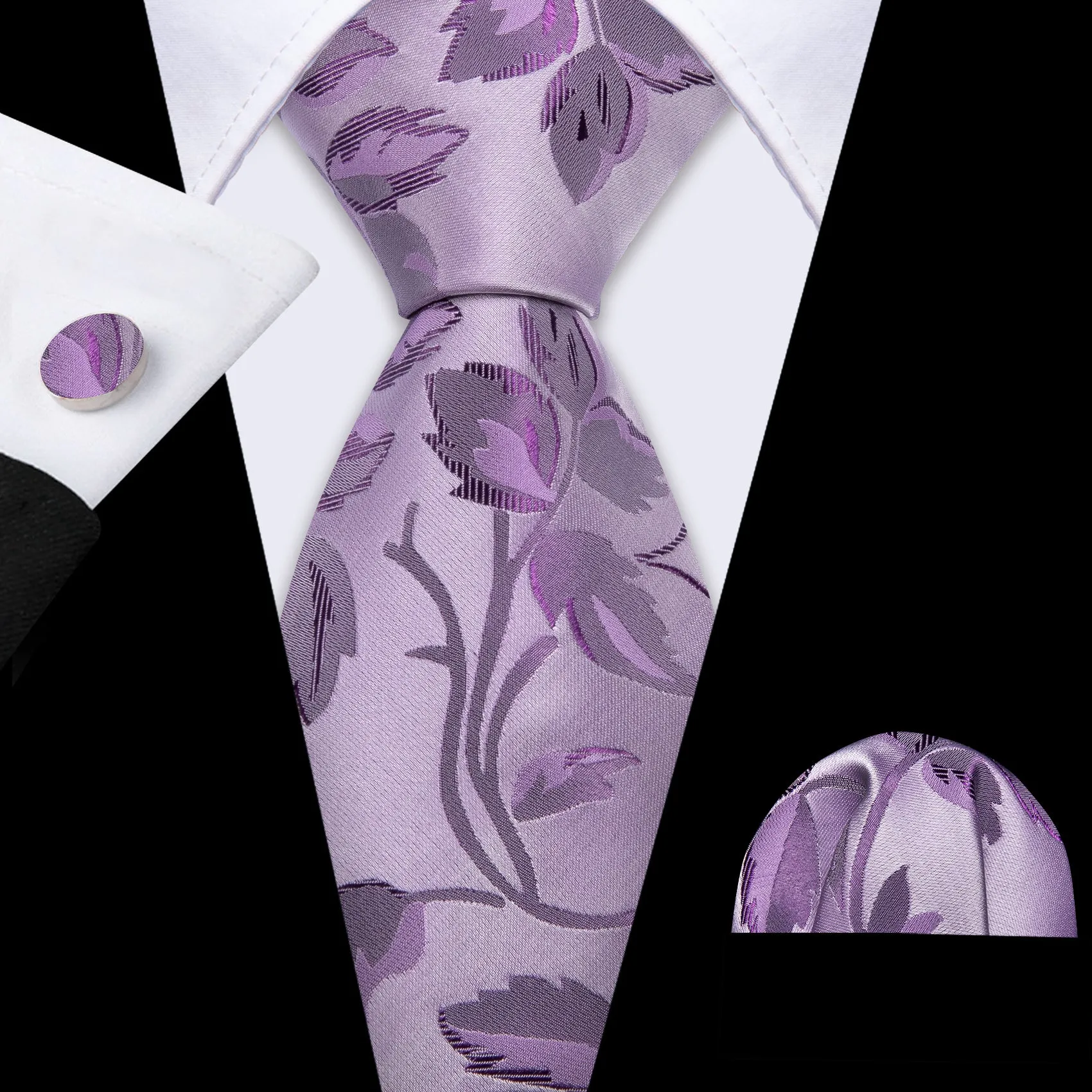 Barry. Wang Pale Lavender Leaf Floral Silk Tie Handkerchief Cufflinks Set sold by Barrywang