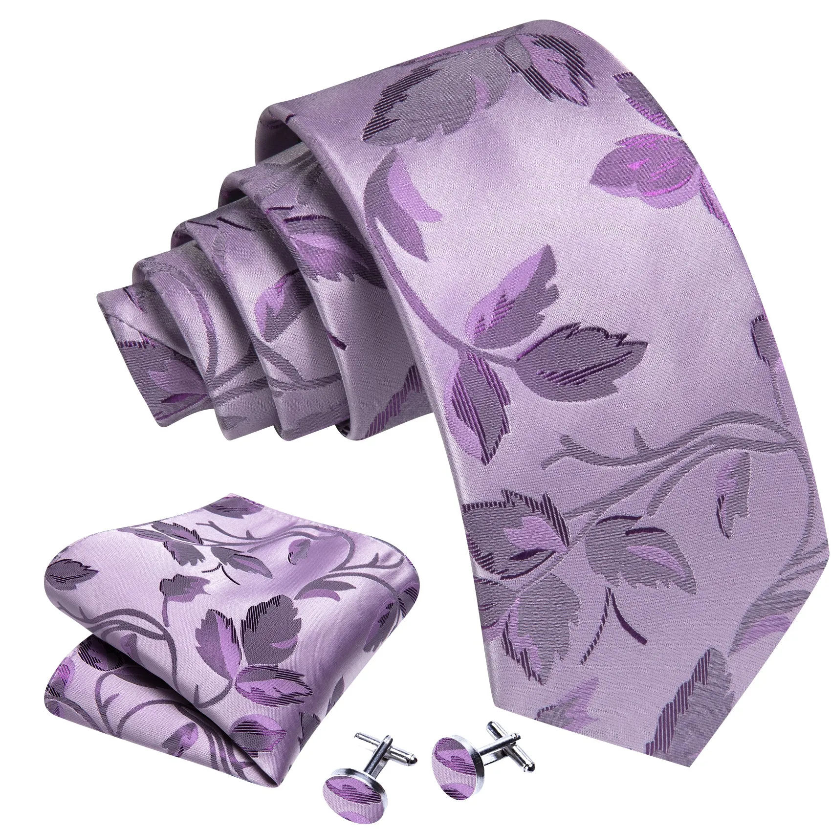 Barry. Wang Pale Lavender Leaf Floral Silk Tie Handkerchief Cufflinks Set sold by Barrywang product image thumbnail 3