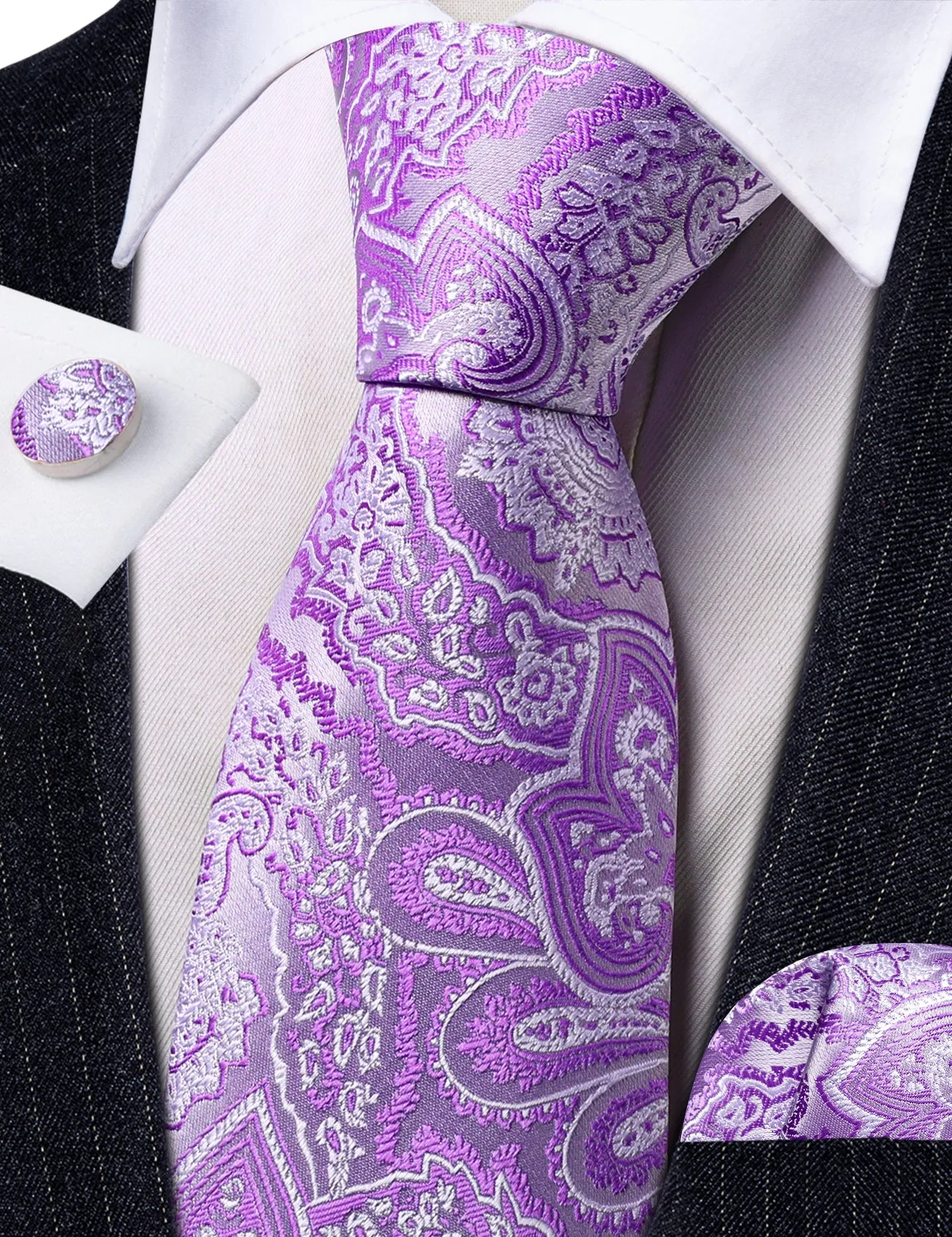 Barry. Wang Purple White Paisley Silk Tie Handkerchief Cufflinks Set sold by Barrywang product image thumbnail 3