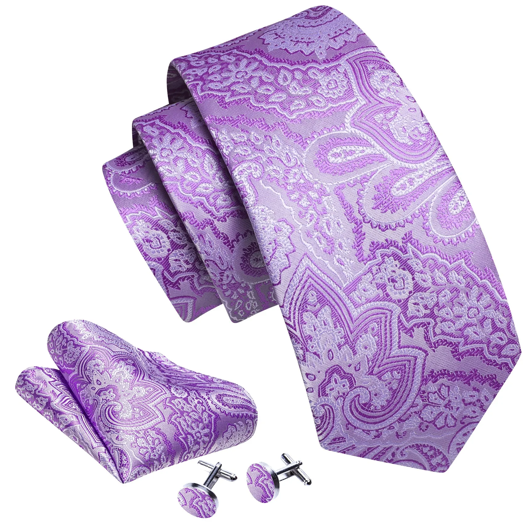 Barry. Wang Purple White Paisley Silk Tie Handkerchief Cufflinks Set sold by Barrywang product image thumbnail 4