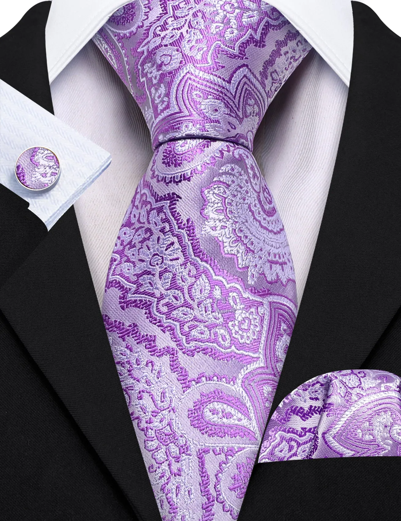 Barry. Wang Purple White Paisley Silk Tie Handkerchief Cufflinks Set sold by Barrywang product image thumbnail 2