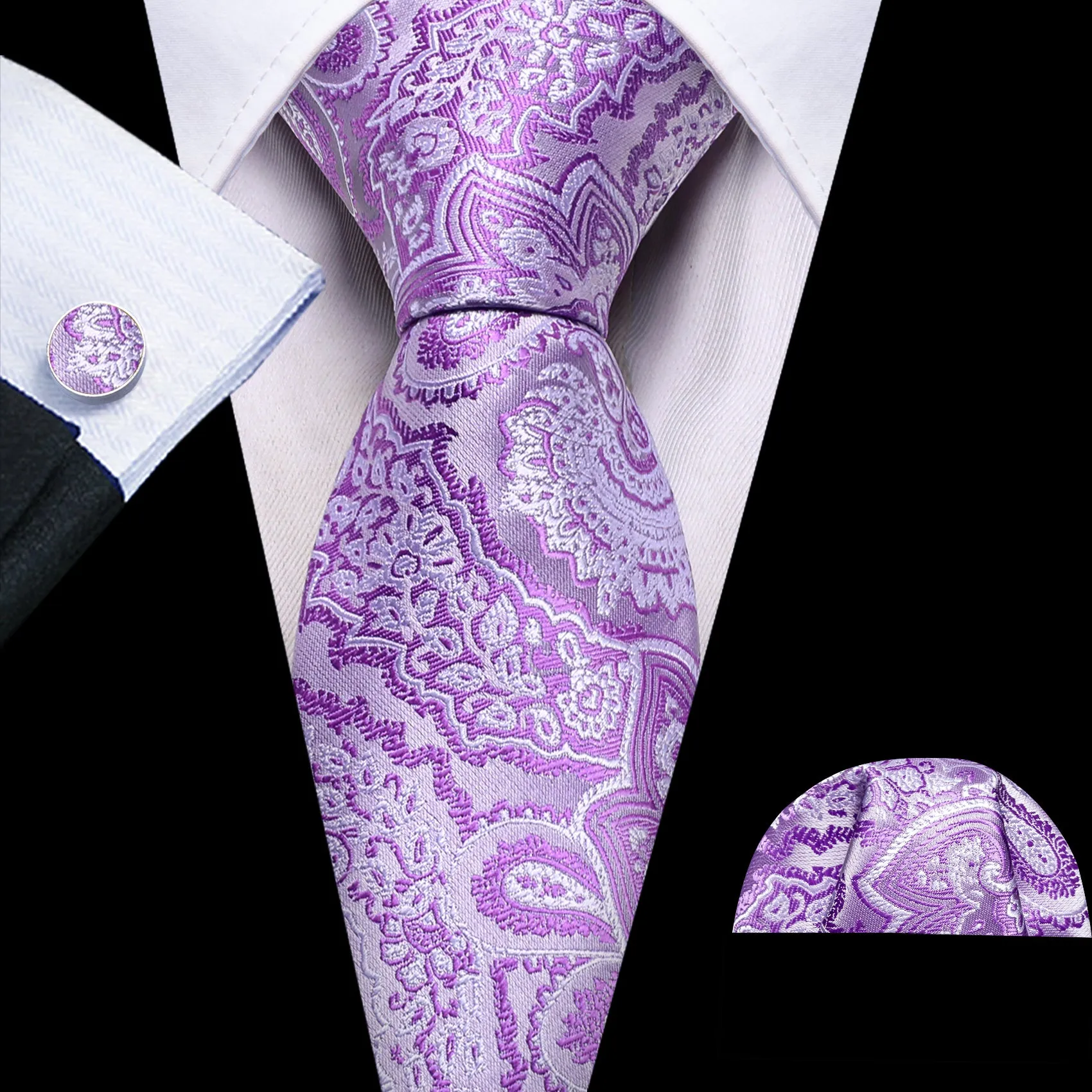Barry. Wang Purple White Paisley Silk Tie Handkerchief Cufflinks Set sold by Barrywang