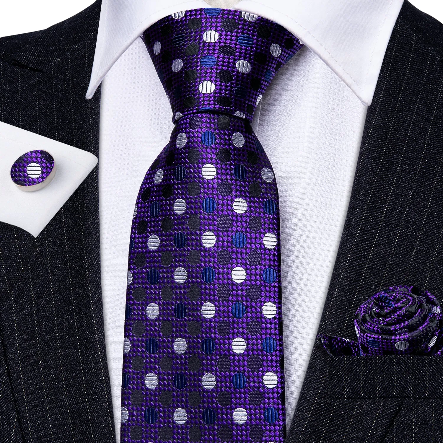 Barry. Wang White Polka Dot Purple Solid Silk Tie Hanky Cufflinks Set sold by Barrywang product image thumbnail 4