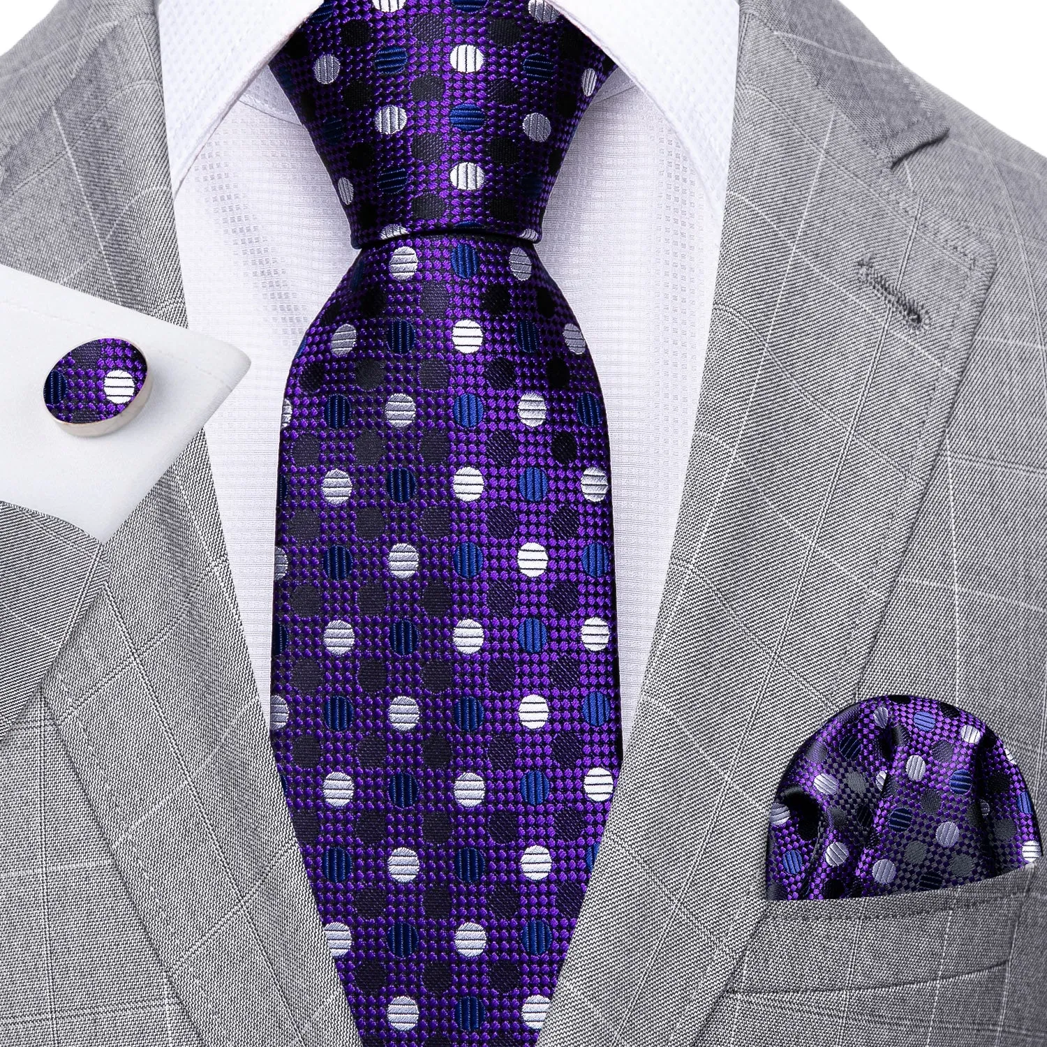 Barry. Wang White Polka Dot Purple Solid Silk Tie Hanky Cufflinks Set sold by Barrywang product image thumbnail 2