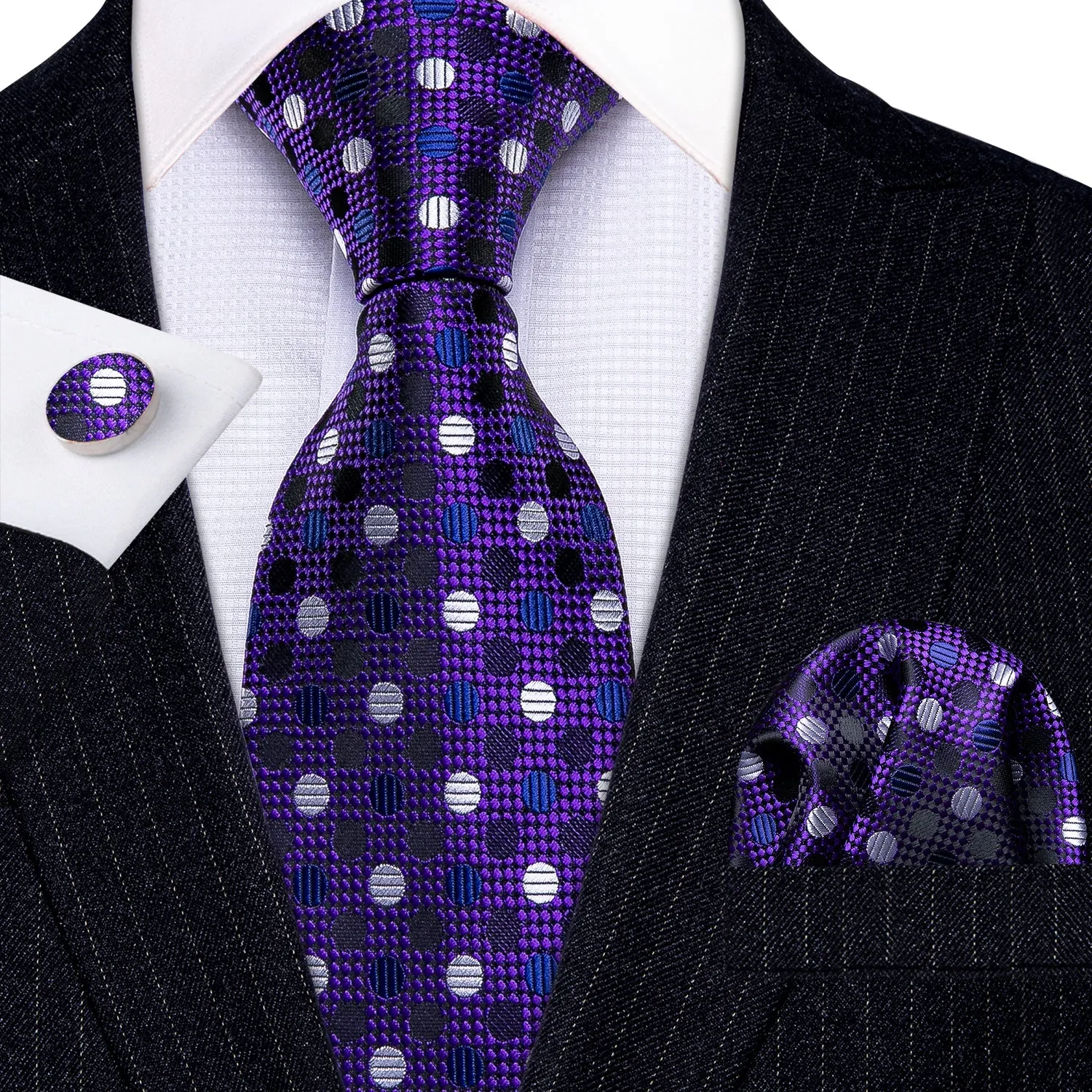Barry. Wang White Polka Dot Purple Solid Silk Tie Hanky Cufflinks Set sold by Barrywang