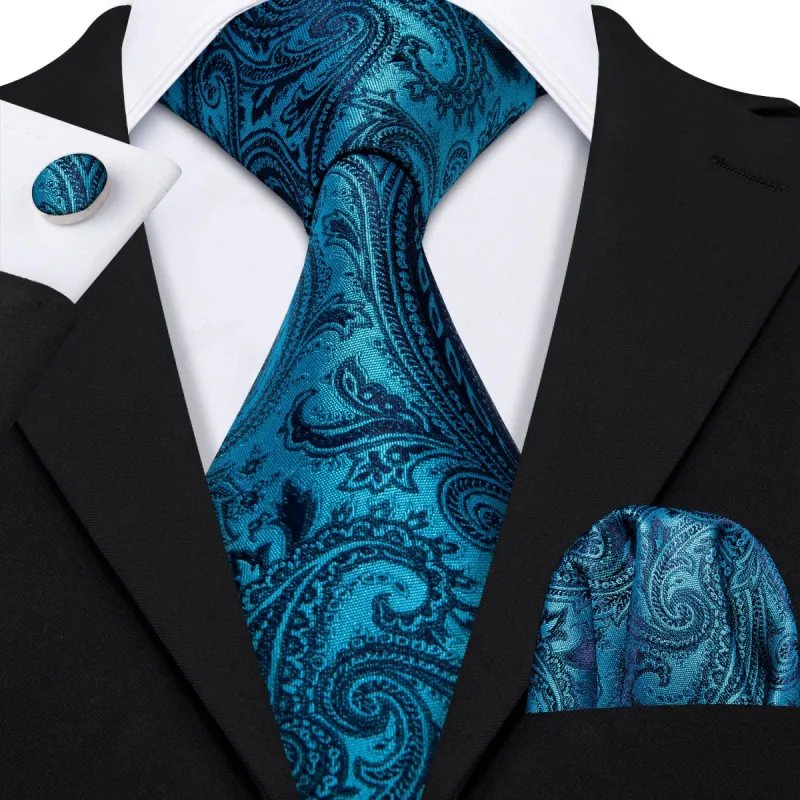 Barry. Wang Sky -Blue Paisley Men's Necktie Pocket Square Cufflinks Set sold by Barrywang