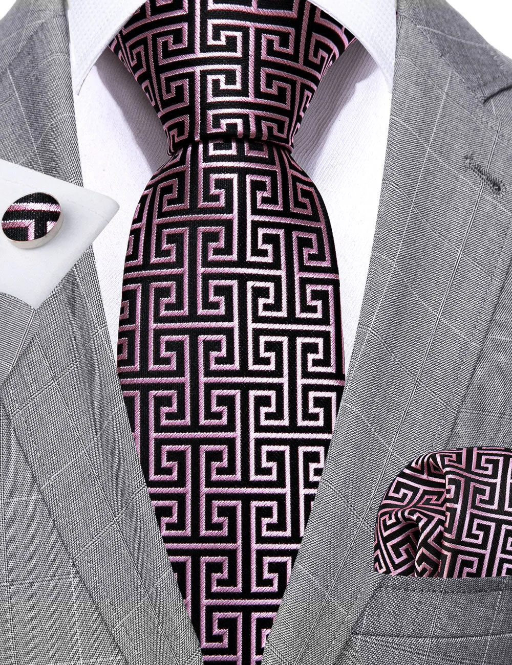 Novelty Black Pink Floral Silk Tie Pocket Square Cufflinks Set sold by Barrywang product image thumbnail 5