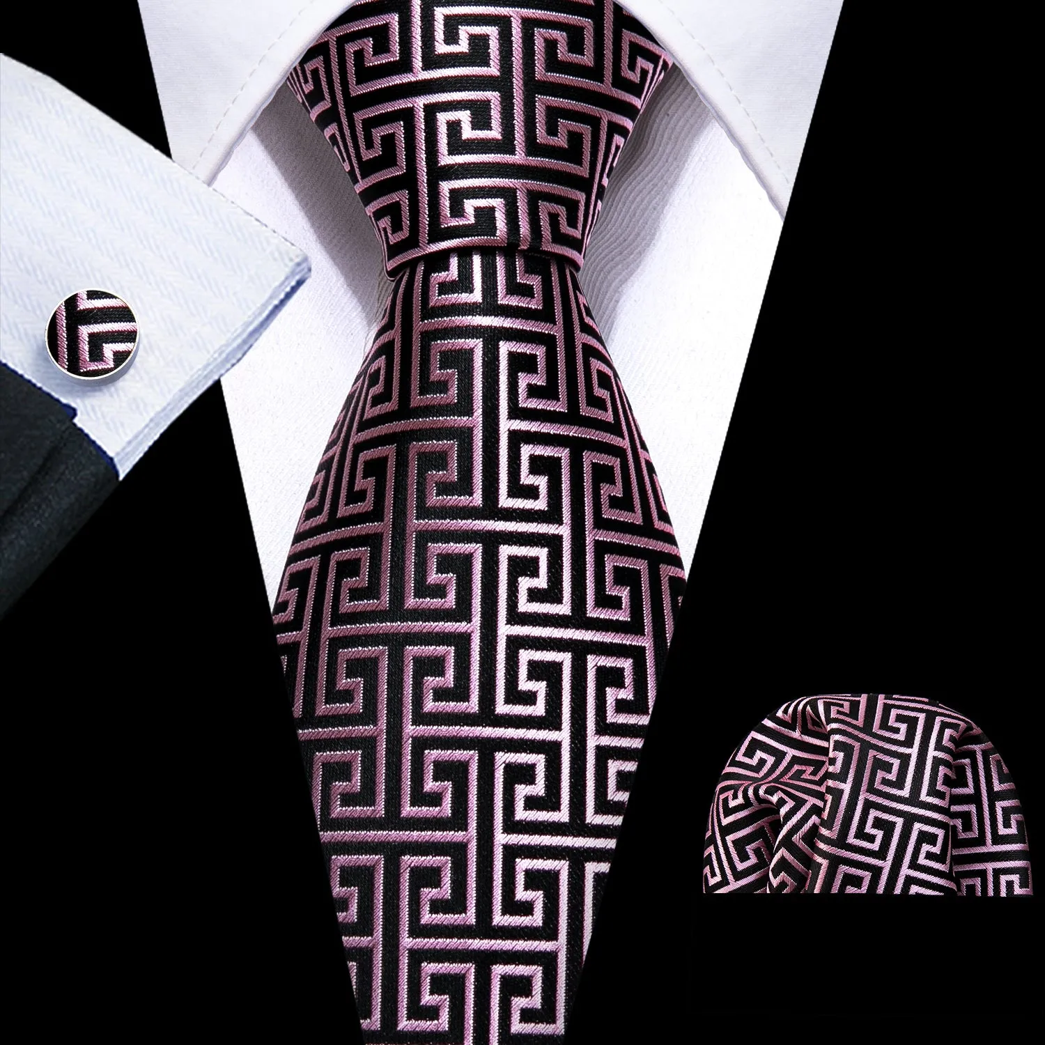 Novelty Black Pink Floral Silk Tie Pocket Square Cufflinks Set sold by Barrywang