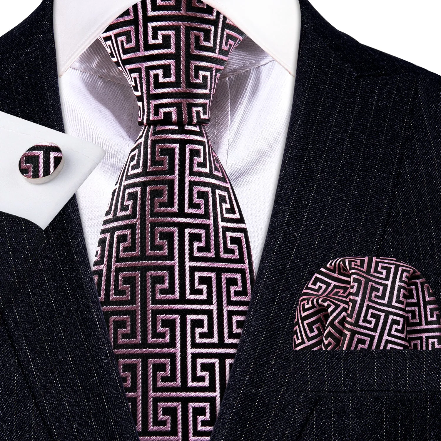 Novelty Black Pink Floral Silk Tie Pocket Square Cufflinks Set sold by Barrywang product image thumbnail 2