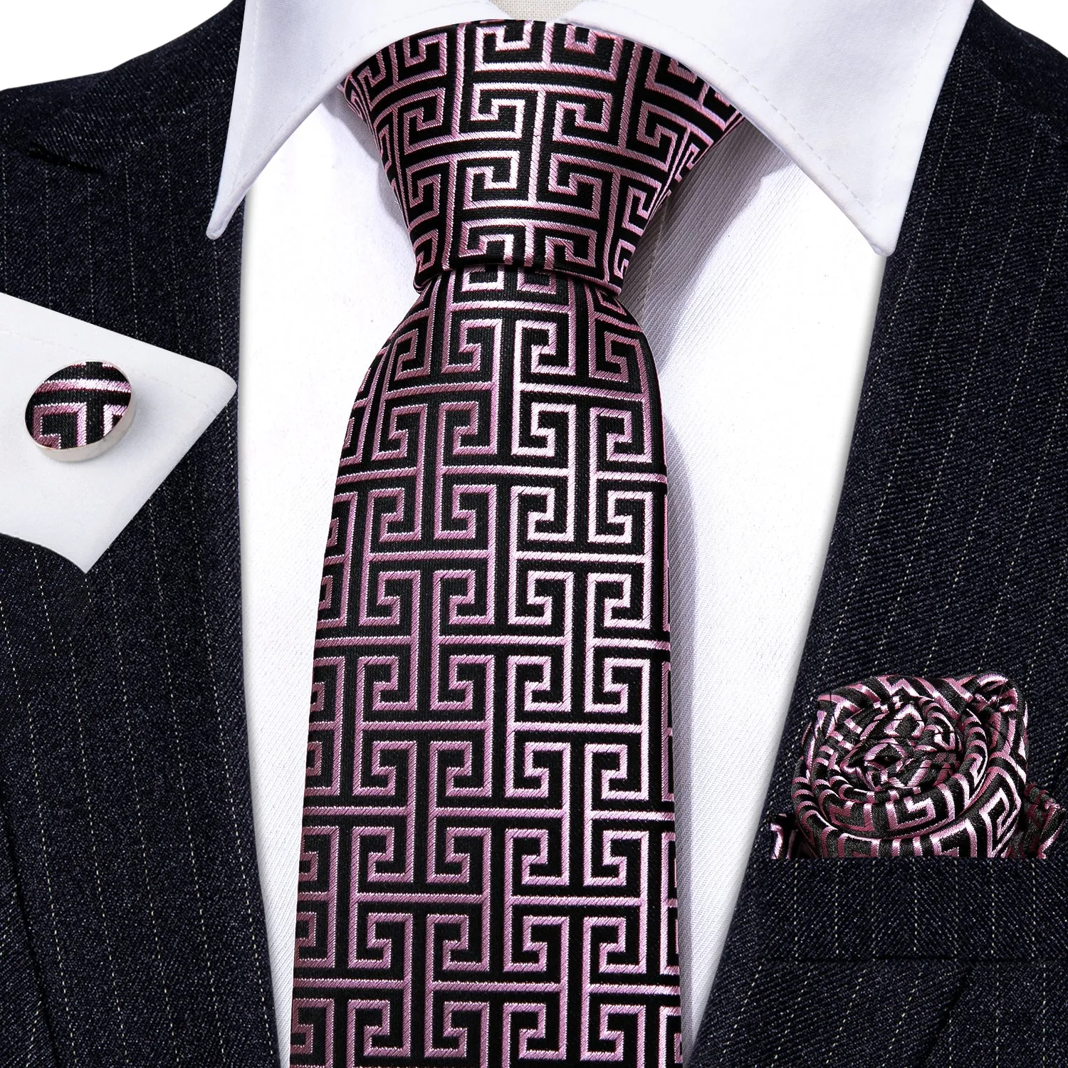 Novelty Black Pink Floral Silk Tie Pocket Square Cufflinks Set sold by Barrywang product image thumbnail 4