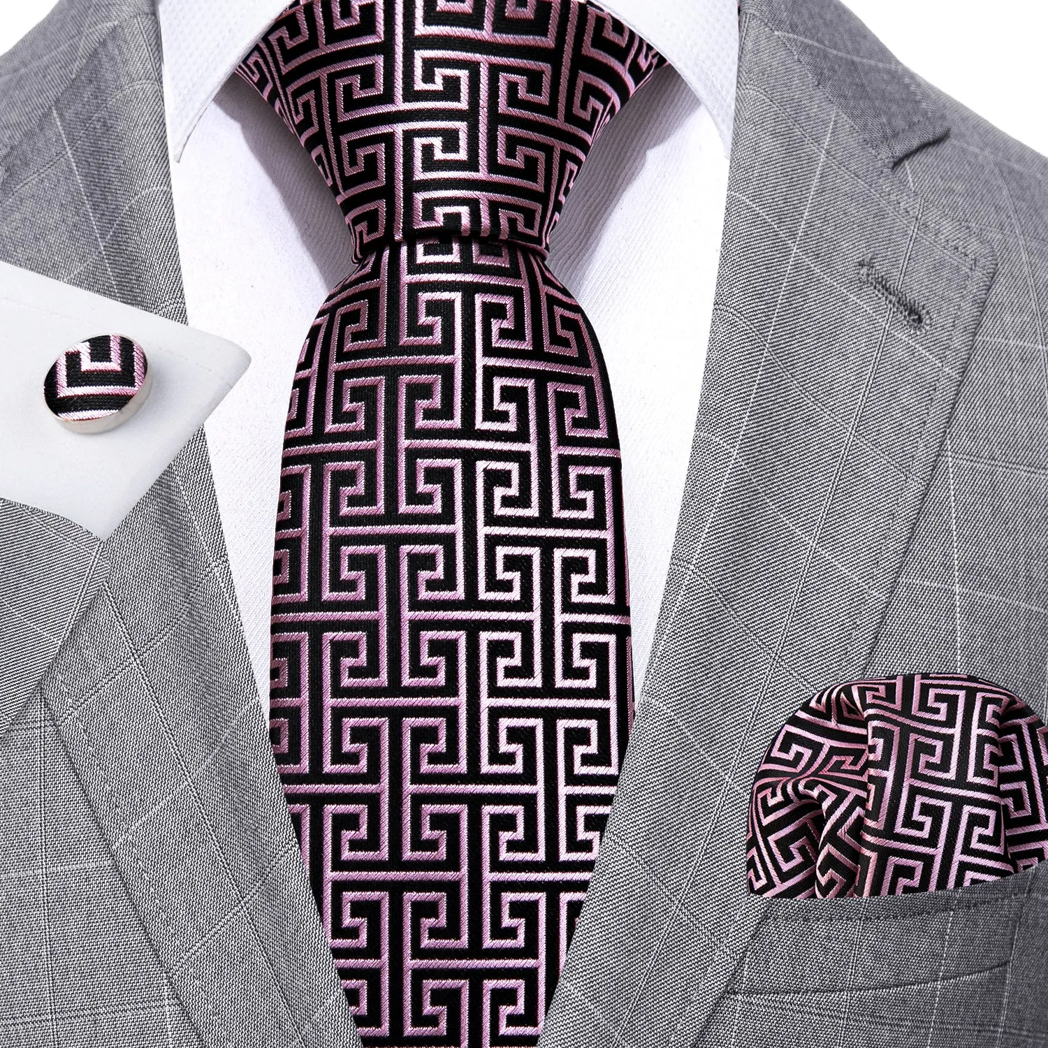 Novelty Black Pink Floral Silk Tie Pocket Square Cufflinks Set sold by Barrywang product image thumbnail 3