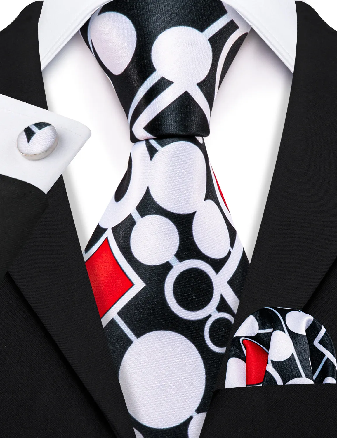 Barry. Wang Black White Red Novelty Silk Tie Hanky Cufflinks Set sold by Barrywang product image thumbnail 2