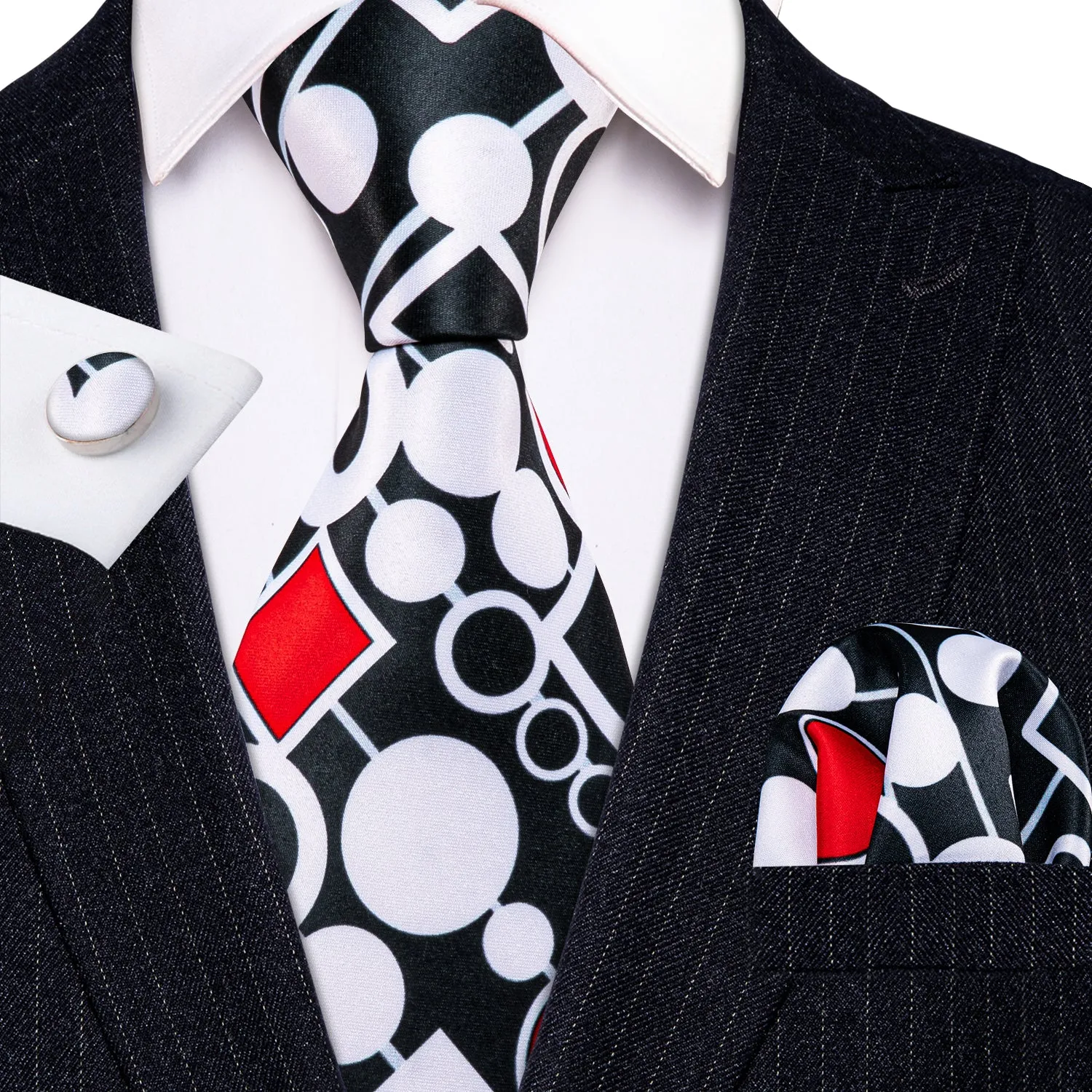 Barry. Wang Black White Red Novelty Silk Tie Hanky Cufflinks Set sold by Barrywang