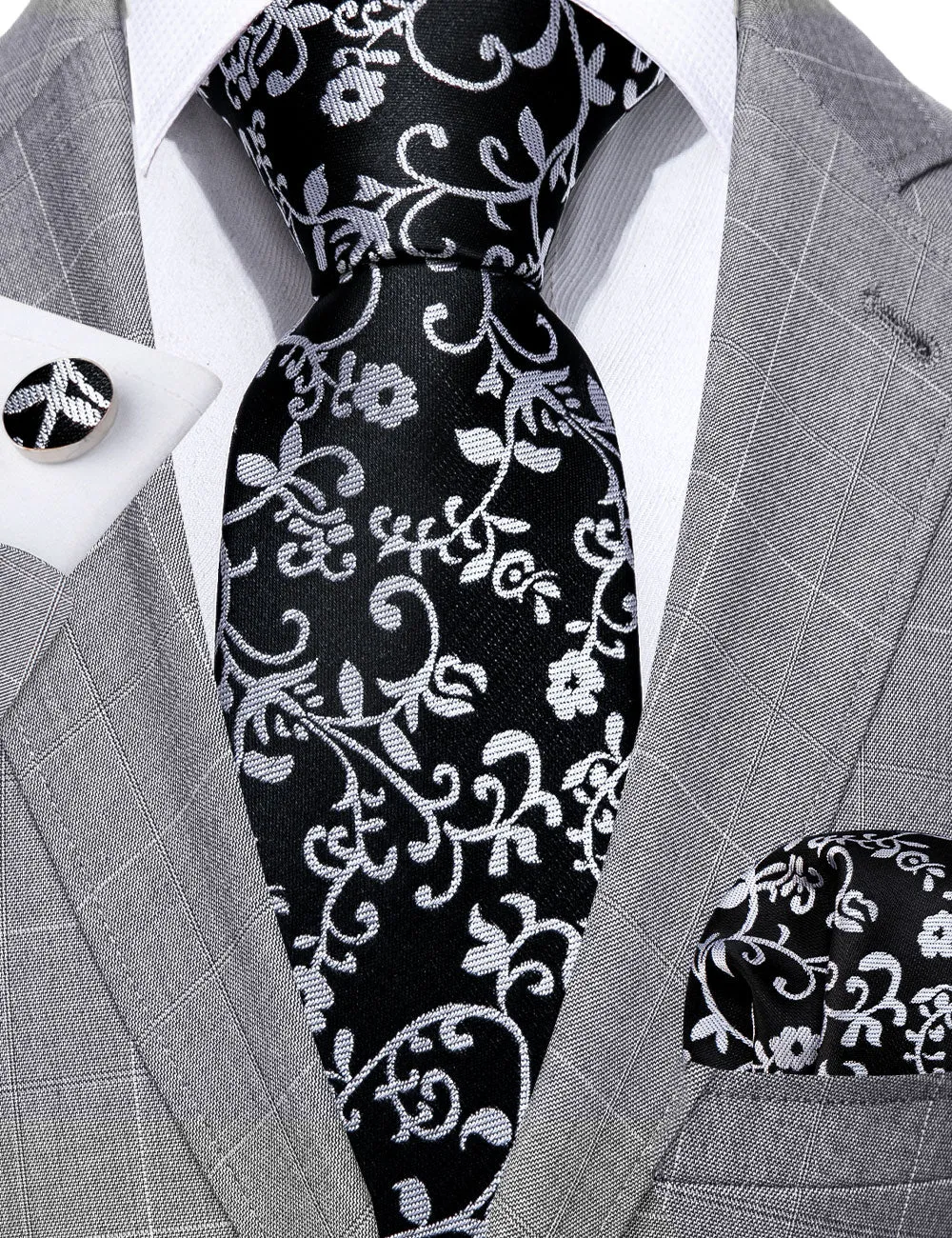 Barry. Wang Black White Flower Silk Tie Handkerchief Cufflinks Set sold by Barrywang product image thumbnail 5