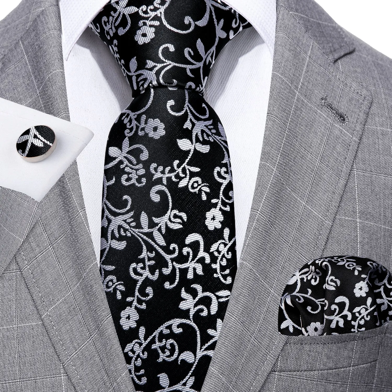 Barry. Wang Black White Flower Silk Tie Handkerchief Cufflinks Set sold by Barrywang product image thumbnail 2
