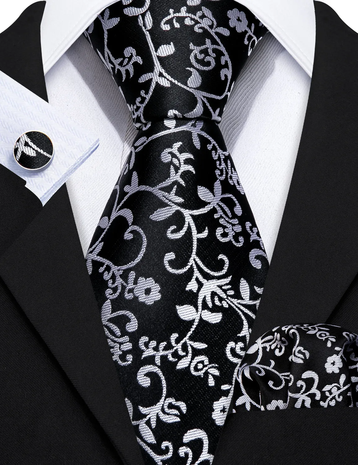 Barry. Wang Black White Flower Silk Tie Handkerchief Cufflinks Set sold by Barrywang product image thumbnail 4
