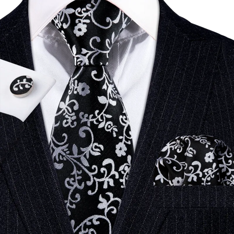 Barry. Wang Black White Flower Silk Tie Handkerchief Cufflinks Set sold by Barrywang