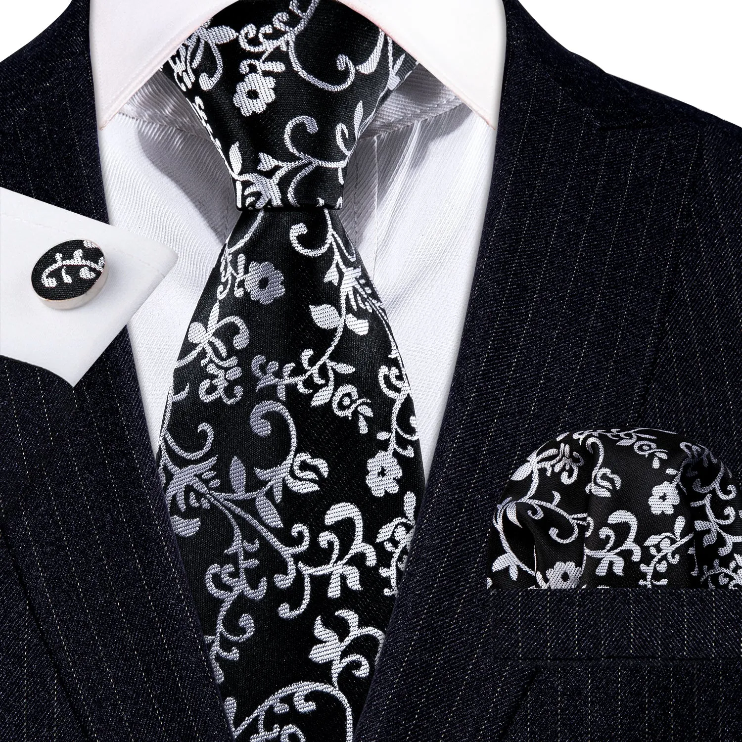 Barry. Wang Black White Flower Silk Tie Handkerchief Cufflinks Set sold by Barrywang