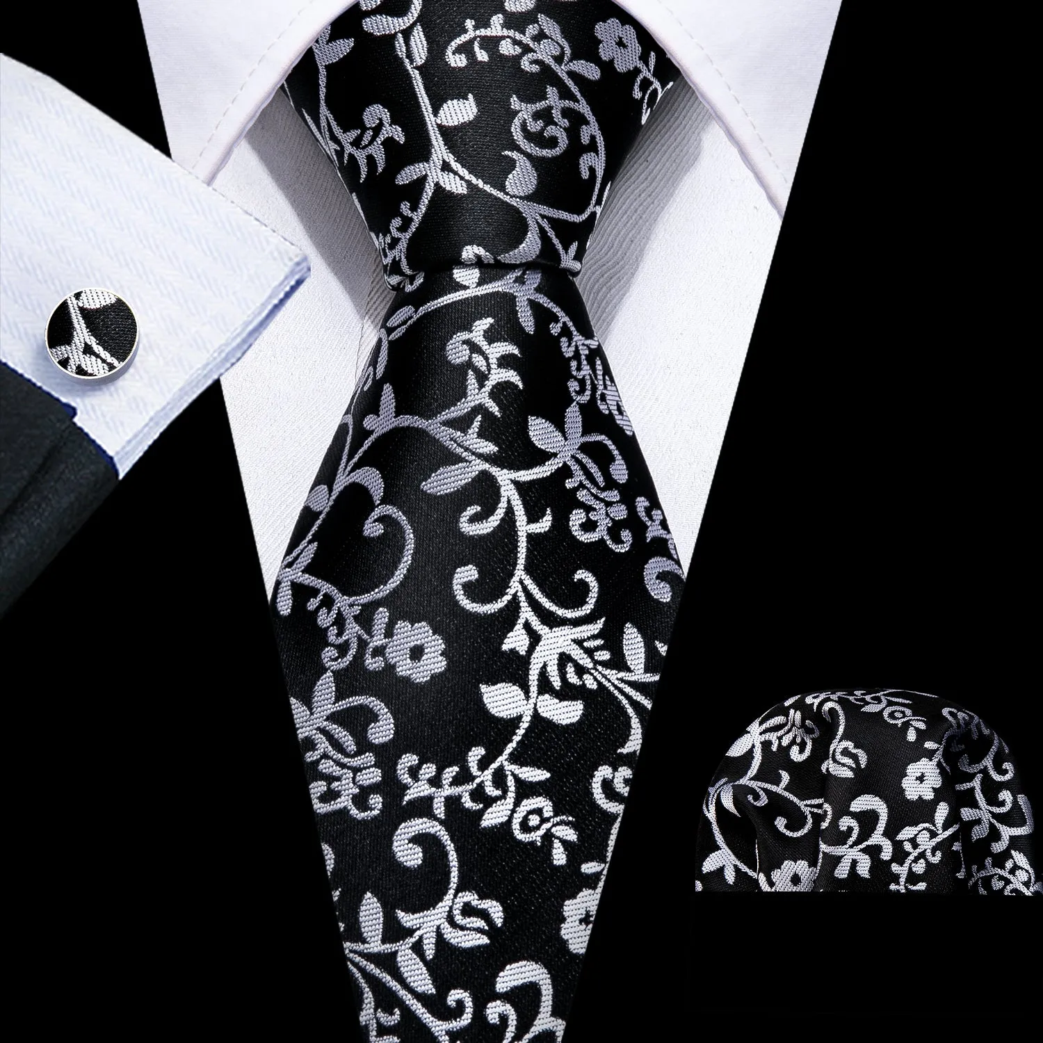 Barry. Wang Black White Flower Silk Tie Handkerchief Cufflinks Set sold by Barrywang product image thumbnail 3