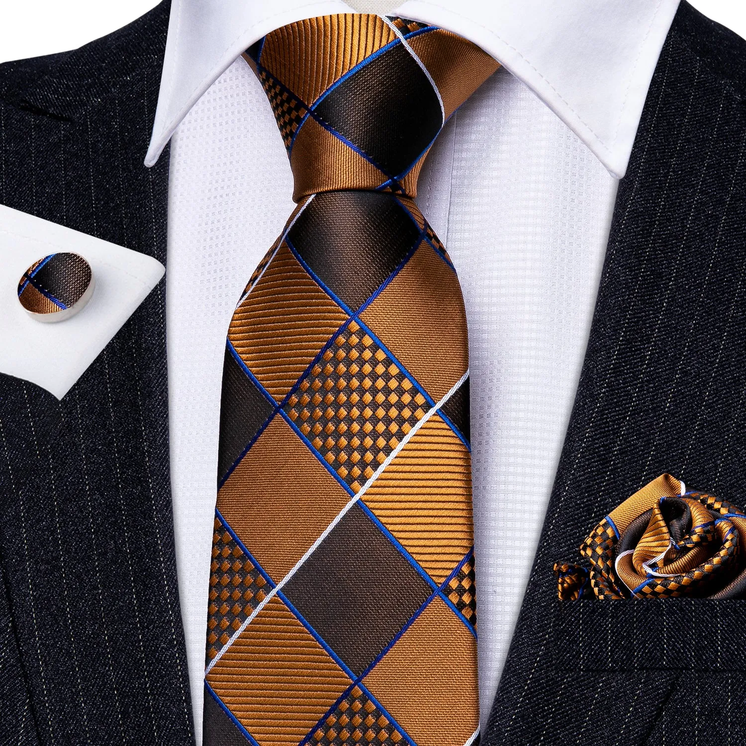 Barry. Wang Gold Brown Geometry Plaid Silk Tie Hanky Cufflinks Set sold by Barrywang product image thumbnail 4
