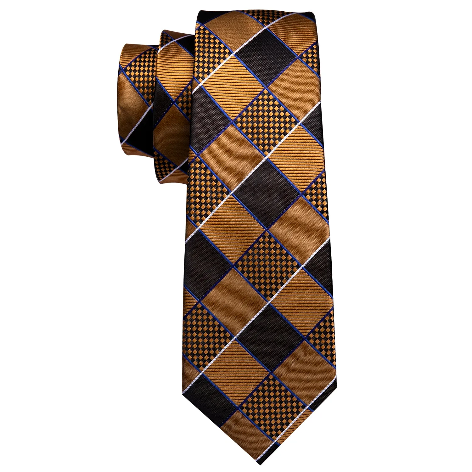 Barry. Wang Gold Brown Geometry Plaid Silk Tie Hanky Cufflinks Set sold by Barrywang product image thumbnail 5