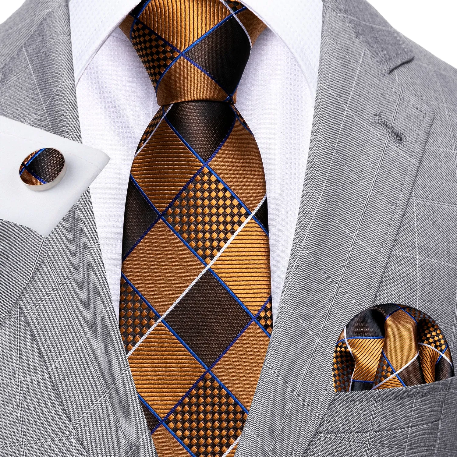 Barry. Wang Gold Brown Geometry Plaid Silk Tie Hanky Cufflinks Set sold by Barrywang product image thumbnail 3