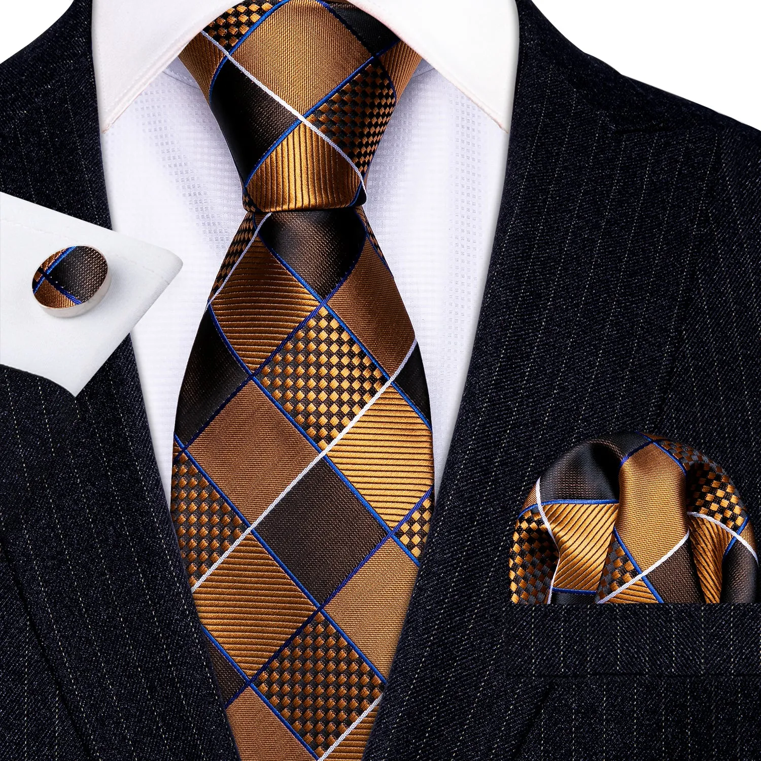 Barry. Wang Gold Brown Geometry Plaid Silk Tie Hanky Cufflinks Set sold by Barrywang