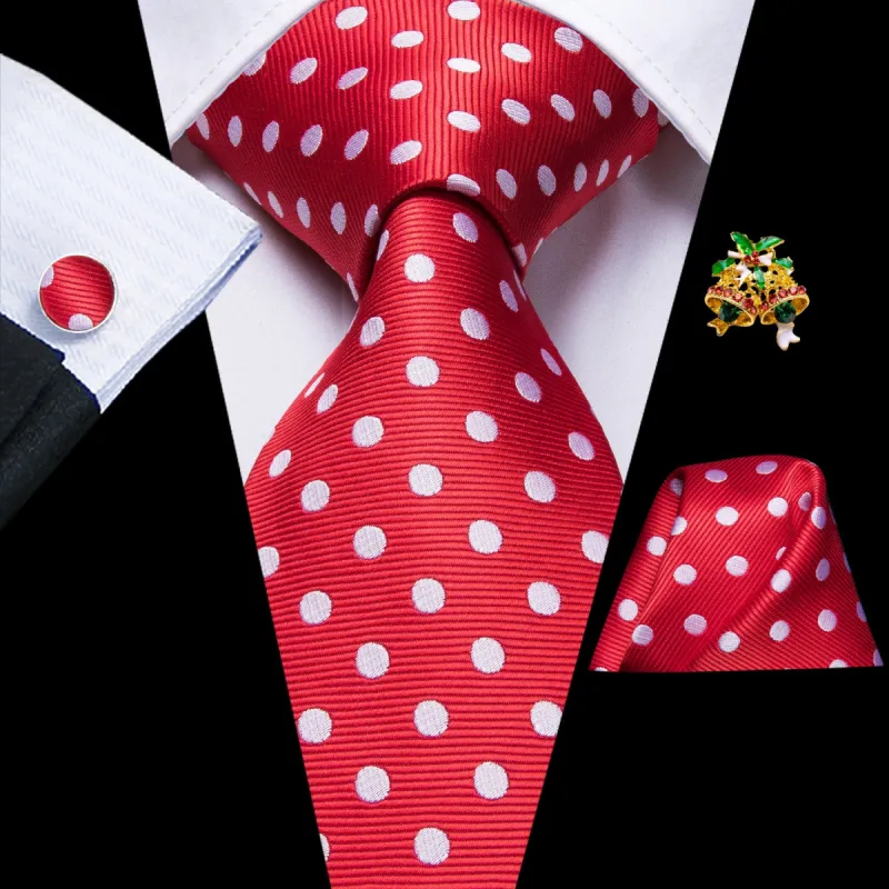 Barry. Wang Red White Polka Dot Men's Tie Lapel Pin Brooch Silk Tie Pocket Square Cufflinks Set Wedding Business Party sold by Barrywang