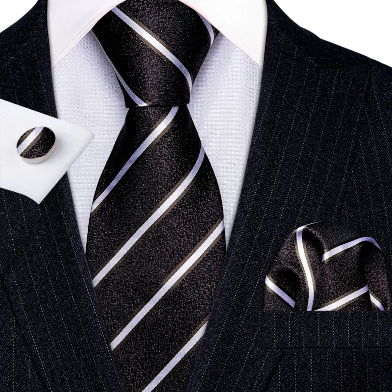 Barry. Wang Brown Black White Striped Silk Tie Hanky Cufflinks Set sold by Barrywang
