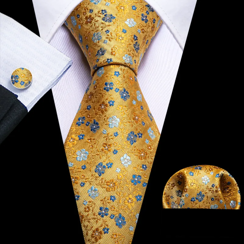 Barry. Wang Yellow Blue Flower Tie Handkerchief Cufflinks Set sold by Barrywang