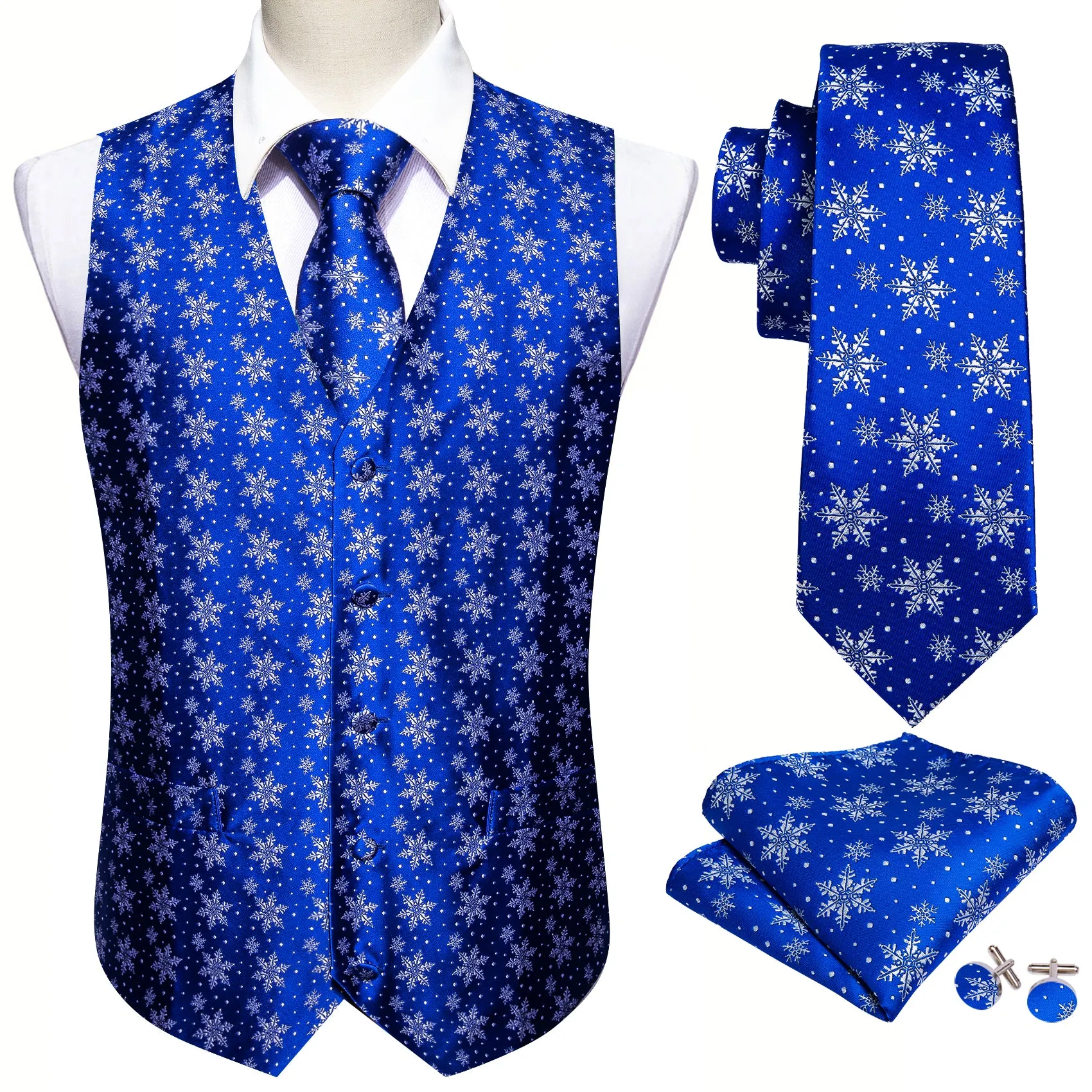 Christmas Men's Blue White Snowflake Silk Tie Hanky Cufflinks Waistcoat Vest Set sold by Barrywang product image thumbnail 2