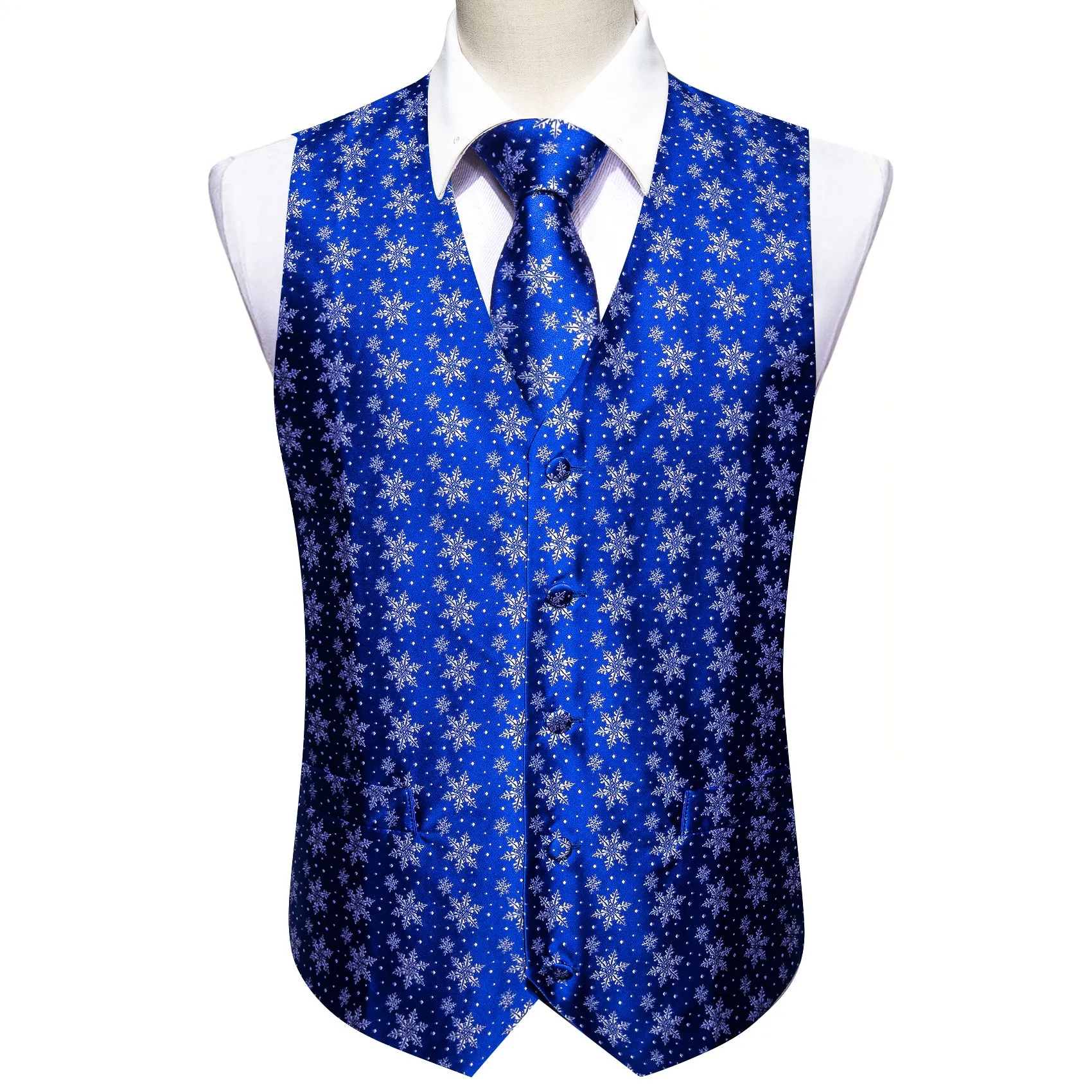 Christmas Men's Blue White Snowflake Silk Tie Hanky Cufflinks Waistcoat Vest Set sold by Barrywang product image thumbnail 4