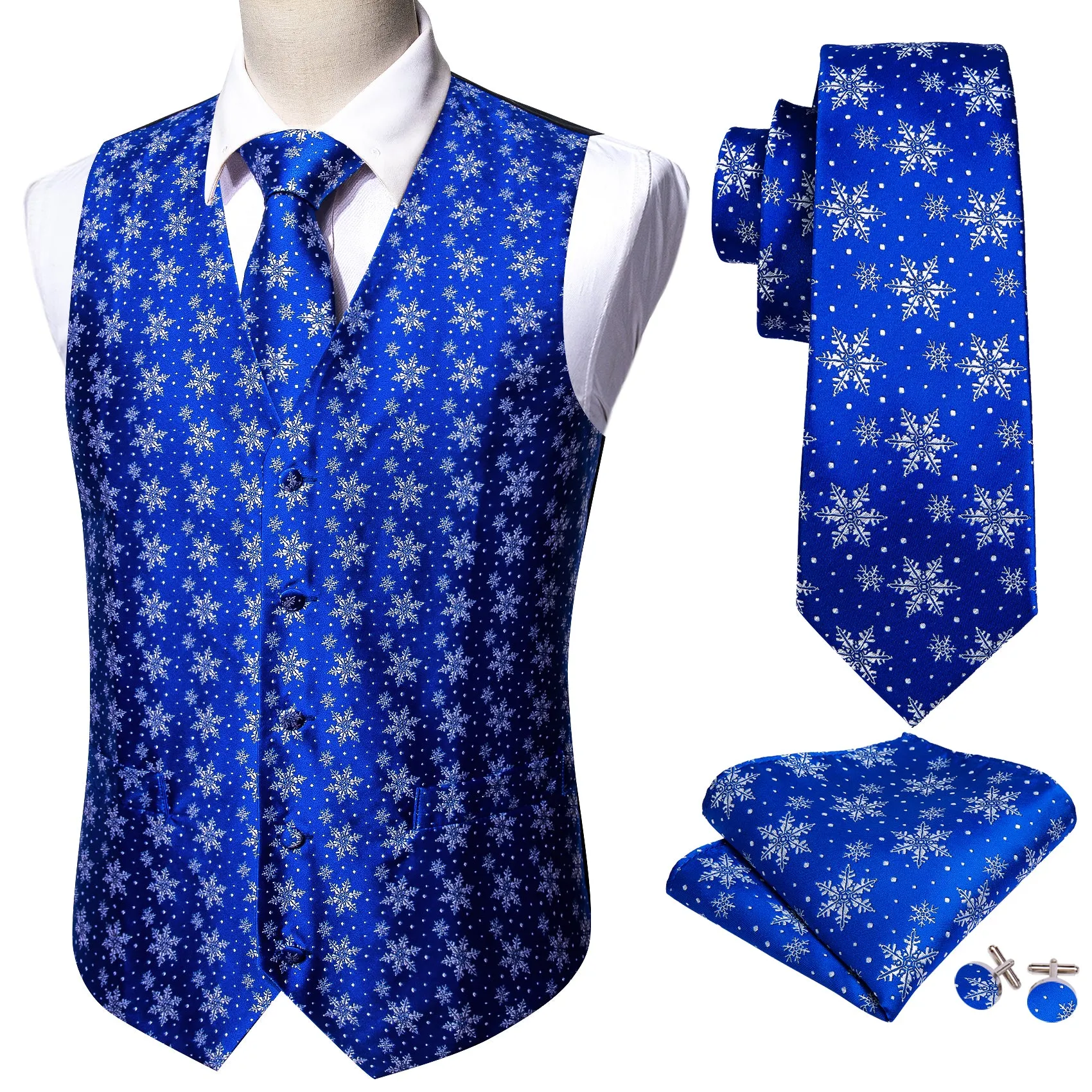Christmas Men's Blue White Snowflake Silk Tie Hanky Cufflinks Waistcoat Vest Set sold by Barrywang product image thumbnail 3
