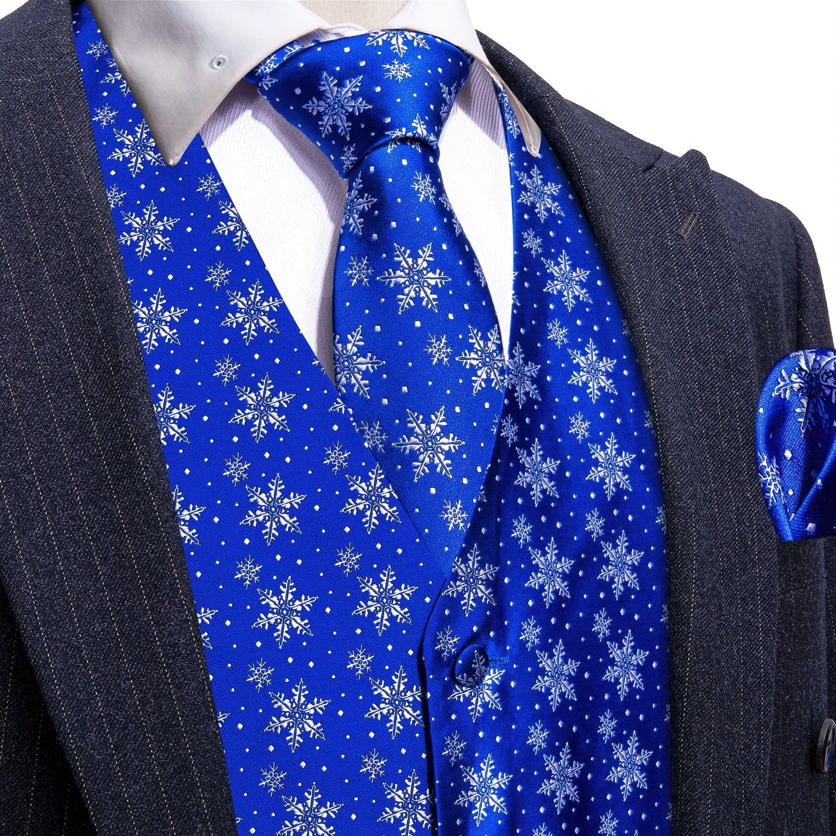 Christmas Men's Blue White Snowflake Silk Tie Hanky Cufflinks Waistcoat Vest Set sold by Barrywang