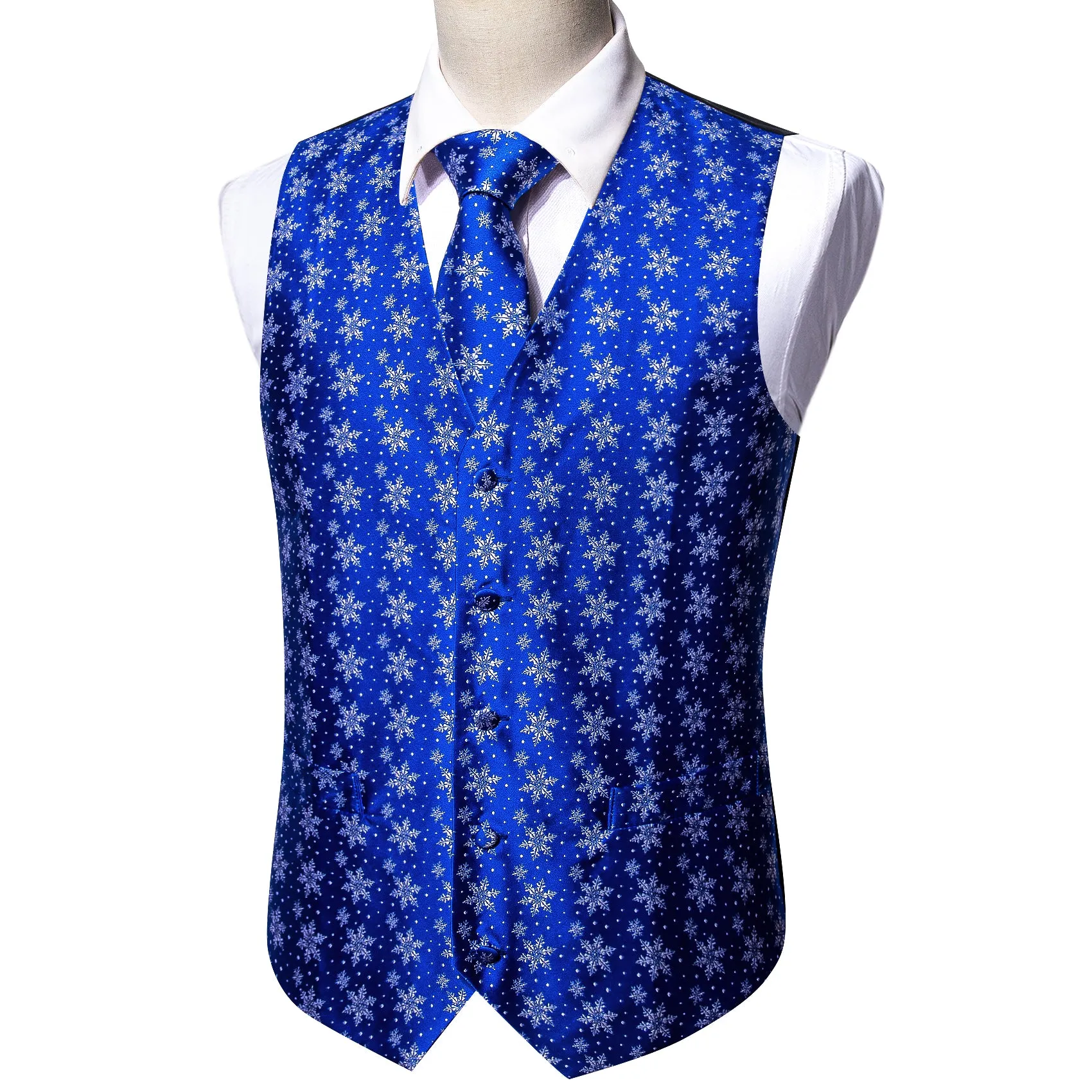 Christmas Men's Blue White Snowflake Silk Tie Hanky Cufflinks Waistcoat Vest Set sold by Barrywang product image thumbnail 5
