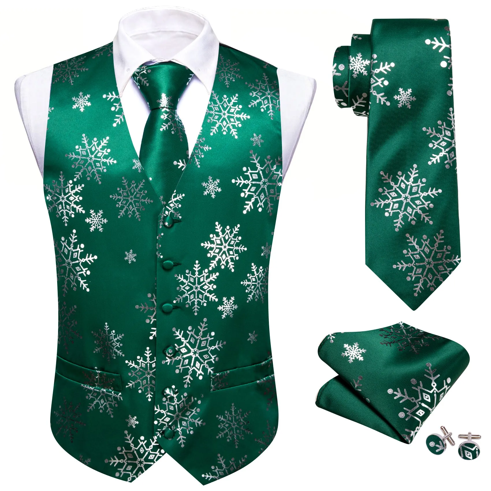 Christmas Green White Xmas Snowflake Waistcoat Vest Tie Hanky Cufflinks Set sold by Barrywang product image thumbnail 5