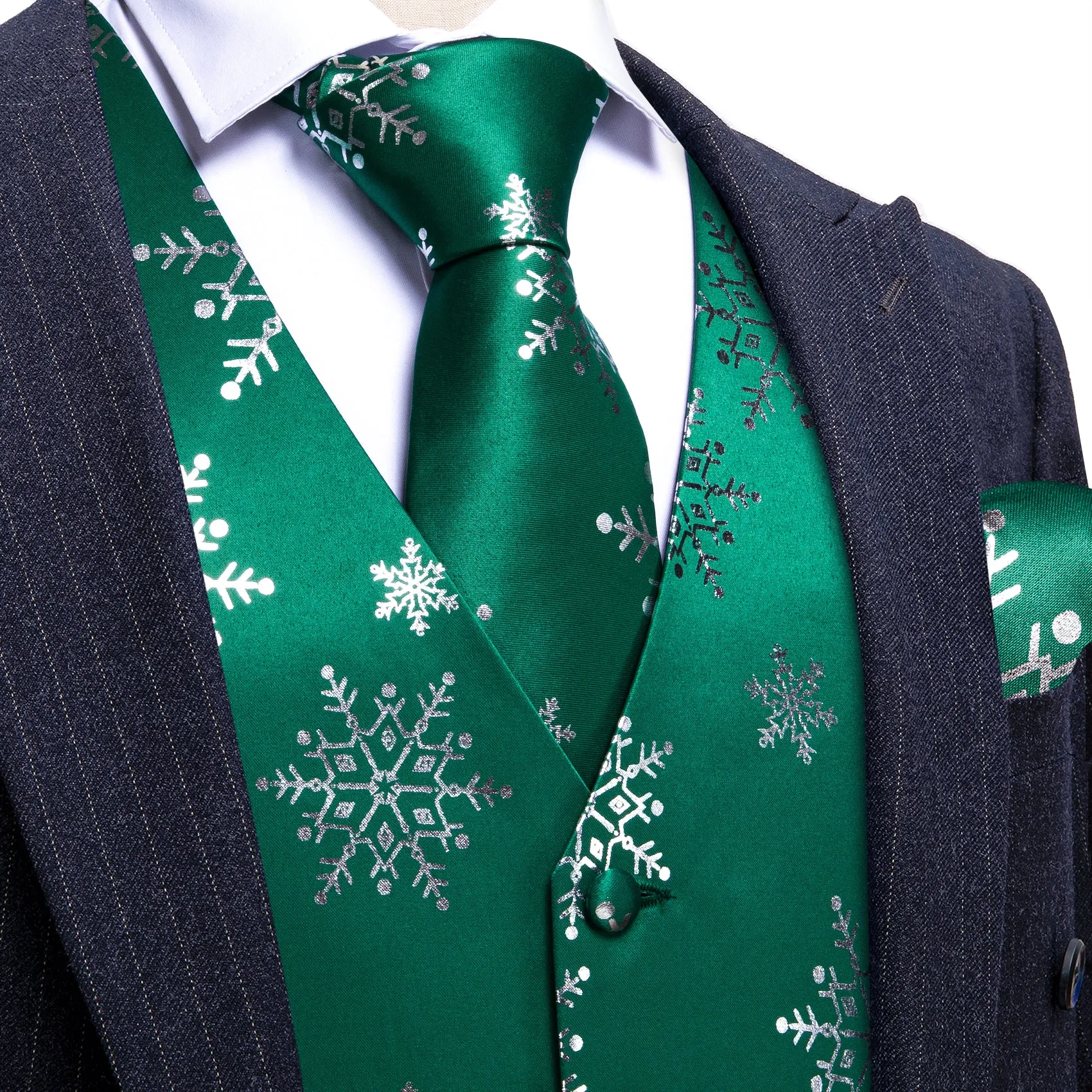 Christmas Green White Xmas Snowflake Waistcoat Vest Tie Hanky Cufflinks Set sold by Barrywang