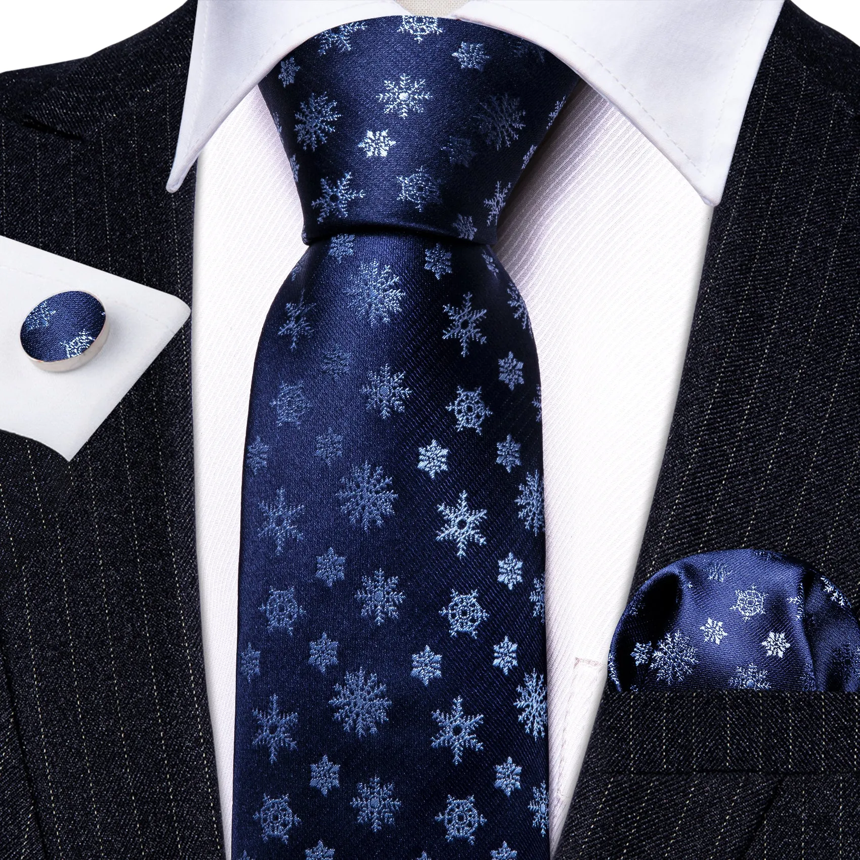 Barry. Wang Navy Blue White Christmas Elements Tie Hanky Cufflinks Set sold by Barrywang product image thumbnail 2
