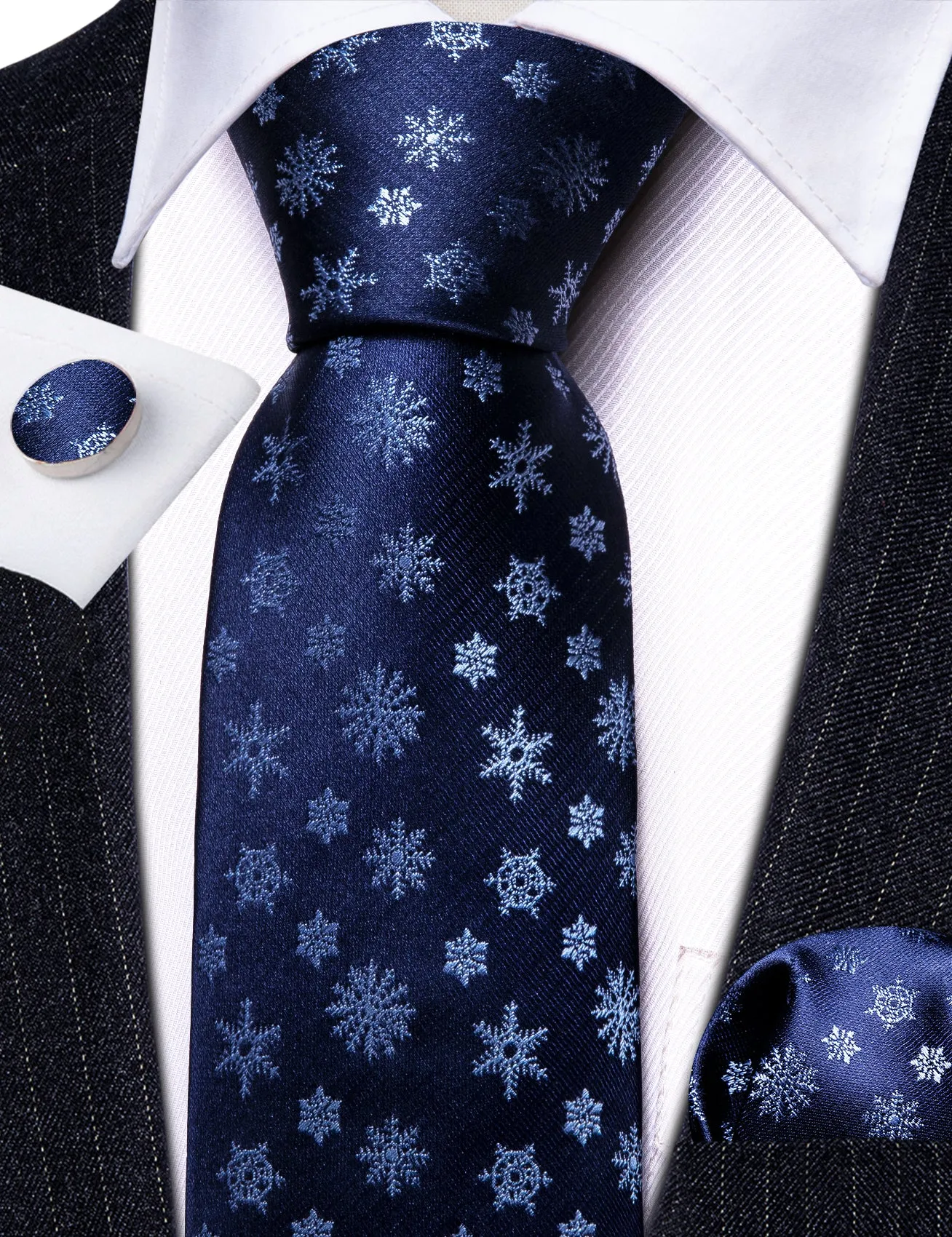 Barry. Wang Navy Blue White Christmas Elements Tie Hanky Cufflinks Set sold by Barrywang product image thumbnail 4