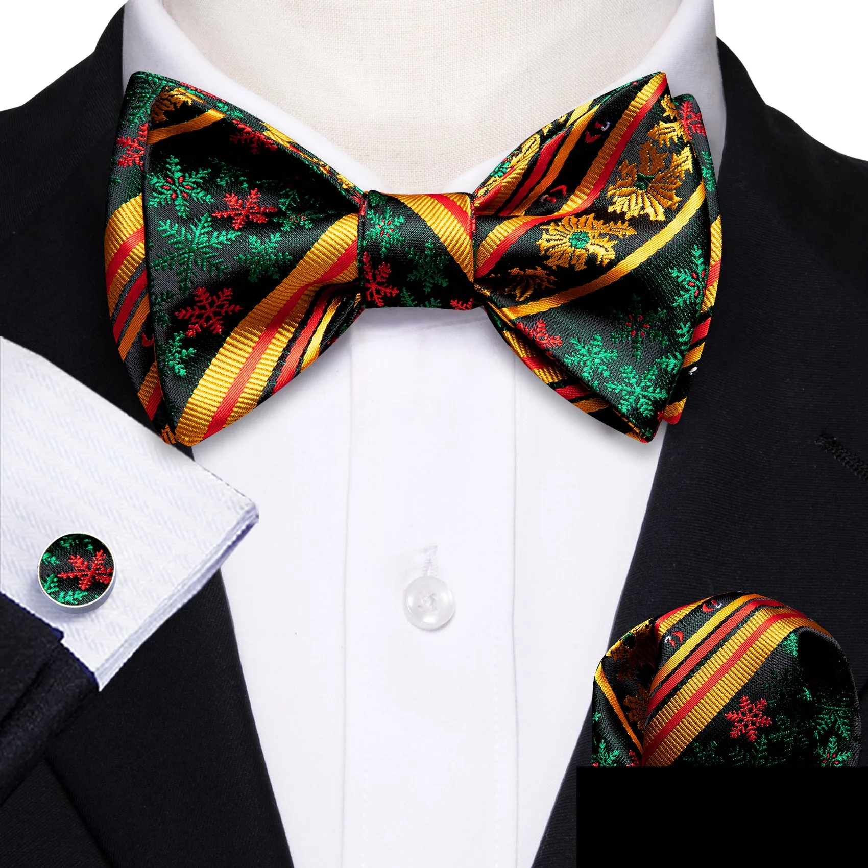 Barry. Wang Christmas Gold Green Snowflake Self Tied Bow Tie Hanky Cufflinks Set sold by Barrywang product image thumbnail 2