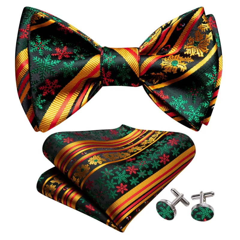 Barry. Wang Christmas Gold Green Snowflake Self Tied Bow Tie Hanky Cufflinks Set sold by Barrywang