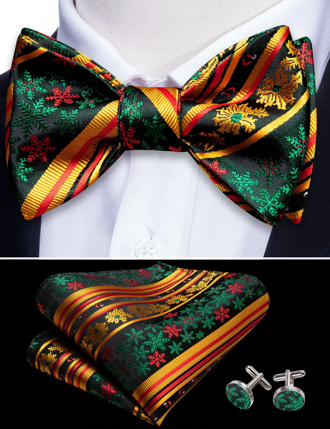 Barry. Wang Christmas Gold Green Snowflake Self Tied Bow Tie Hanky Cufflinks Set sold by Barrywang product image thumbnail 3