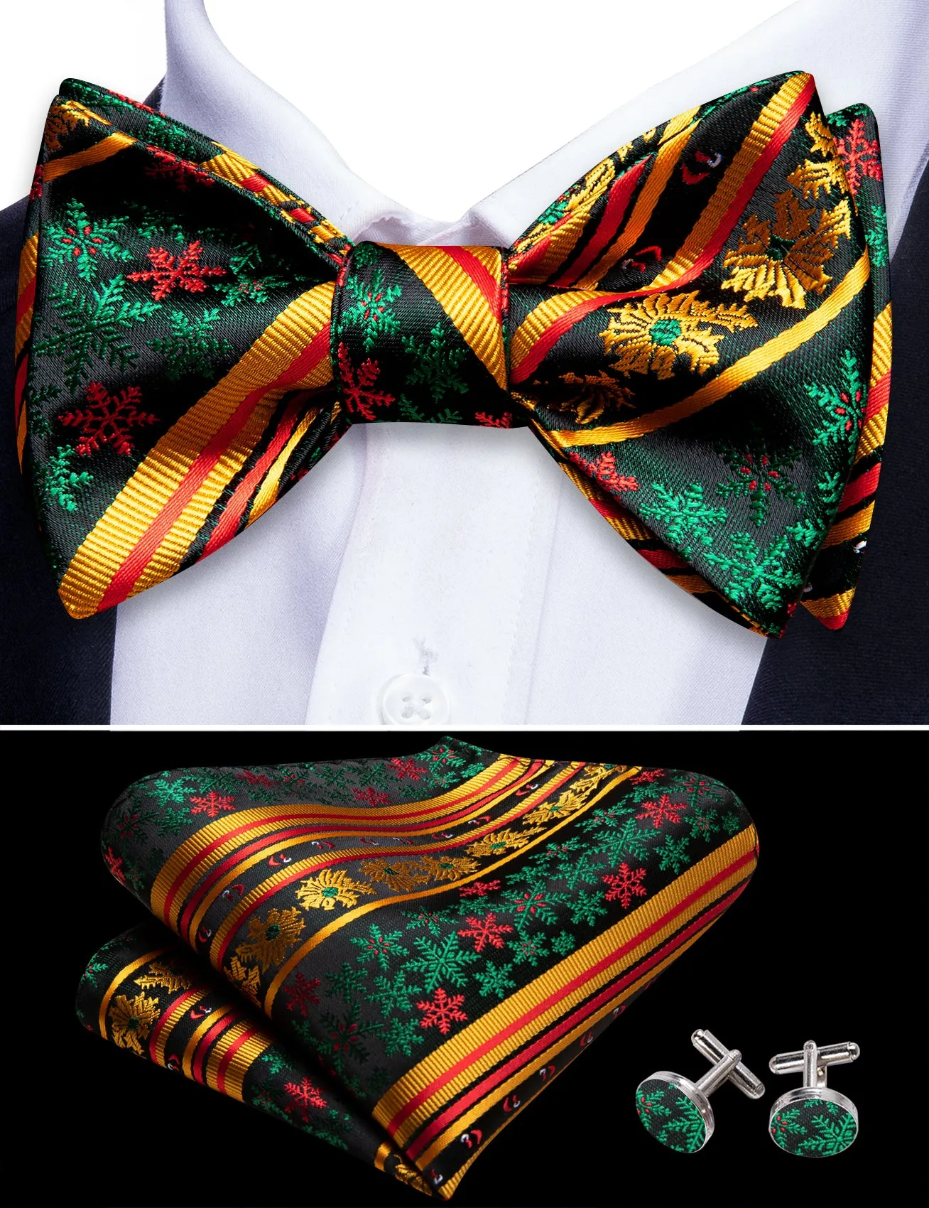 Barry. Wang Christmas Gold Green Snowflake Self Tied Bow Tie Hanky Cufflinks Set sold by Barrywang product image thumbnail 5