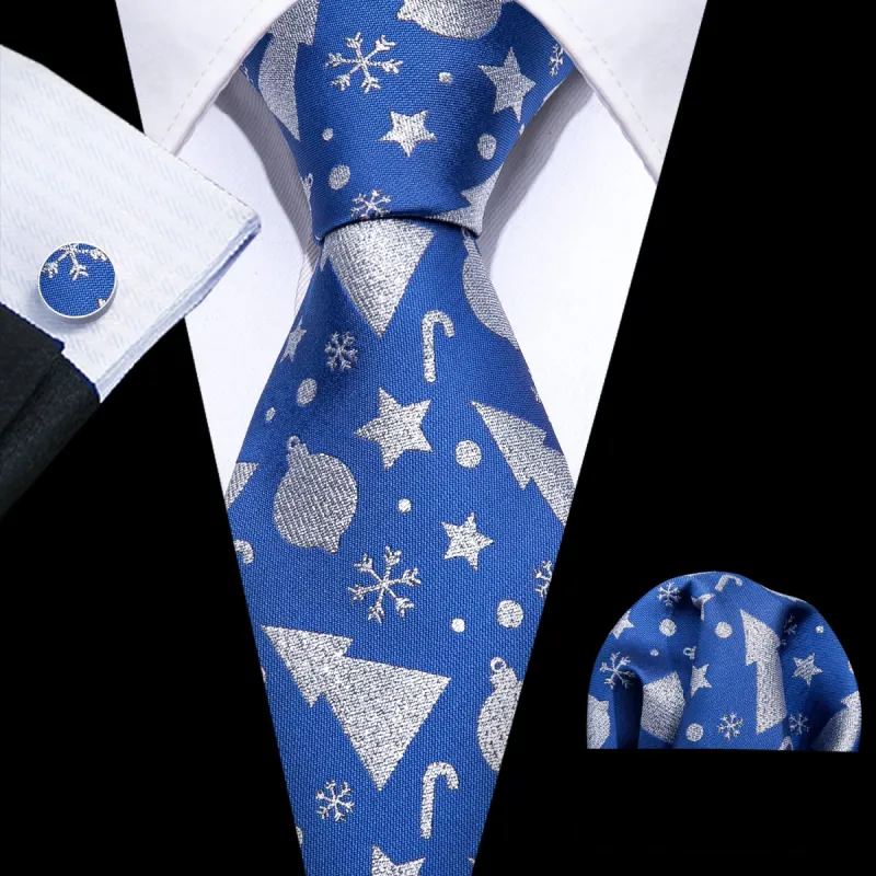 Christmas Blue White Floral Silk Men's Tie Pocket Square Cufflinks Set sold by Barrywang